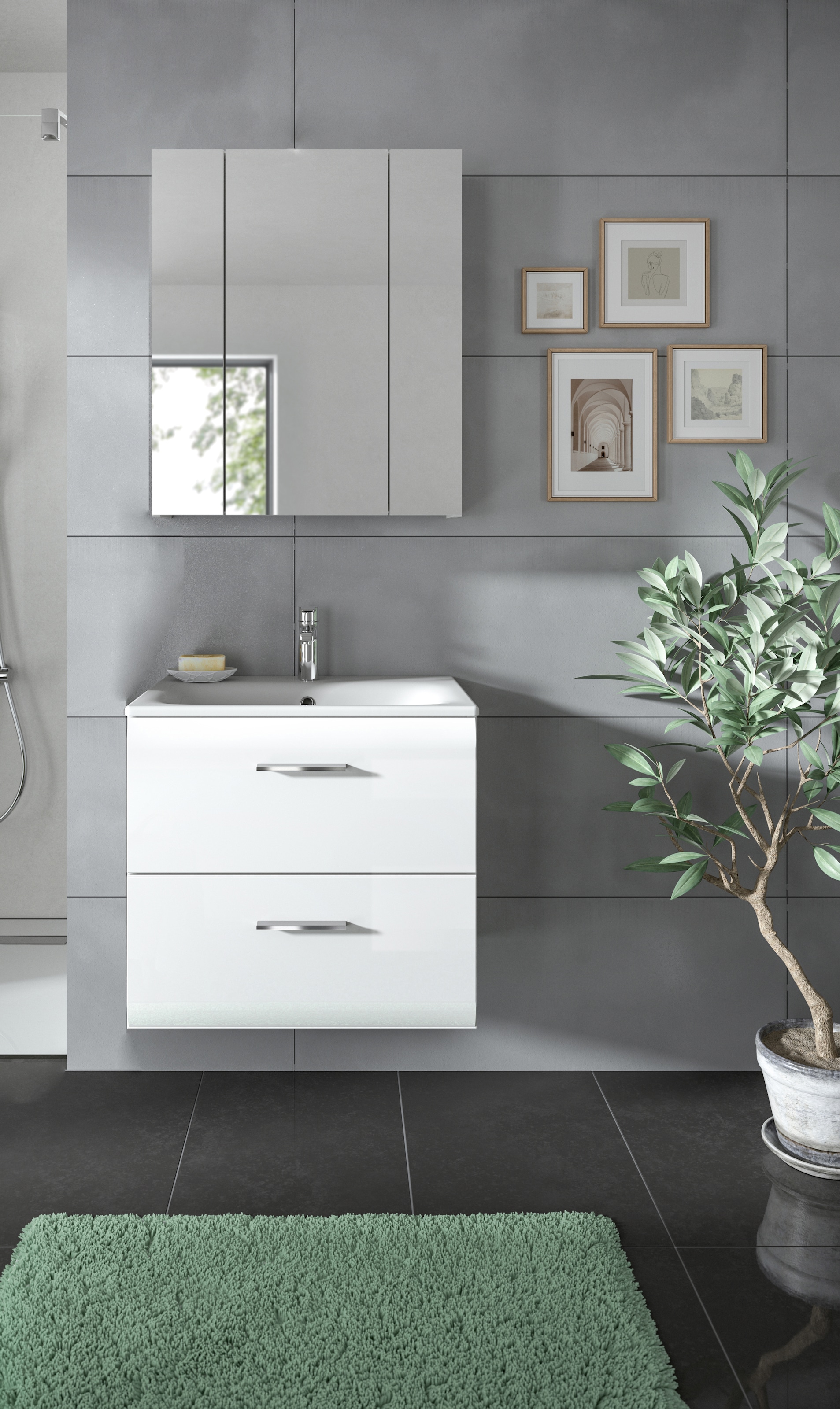 INOSIGN Badezimmer-Set, (Set, 3 St.), Florenz, Badkombination 3-tlg., Weiß Hochglanz, inkl. Waschbecken