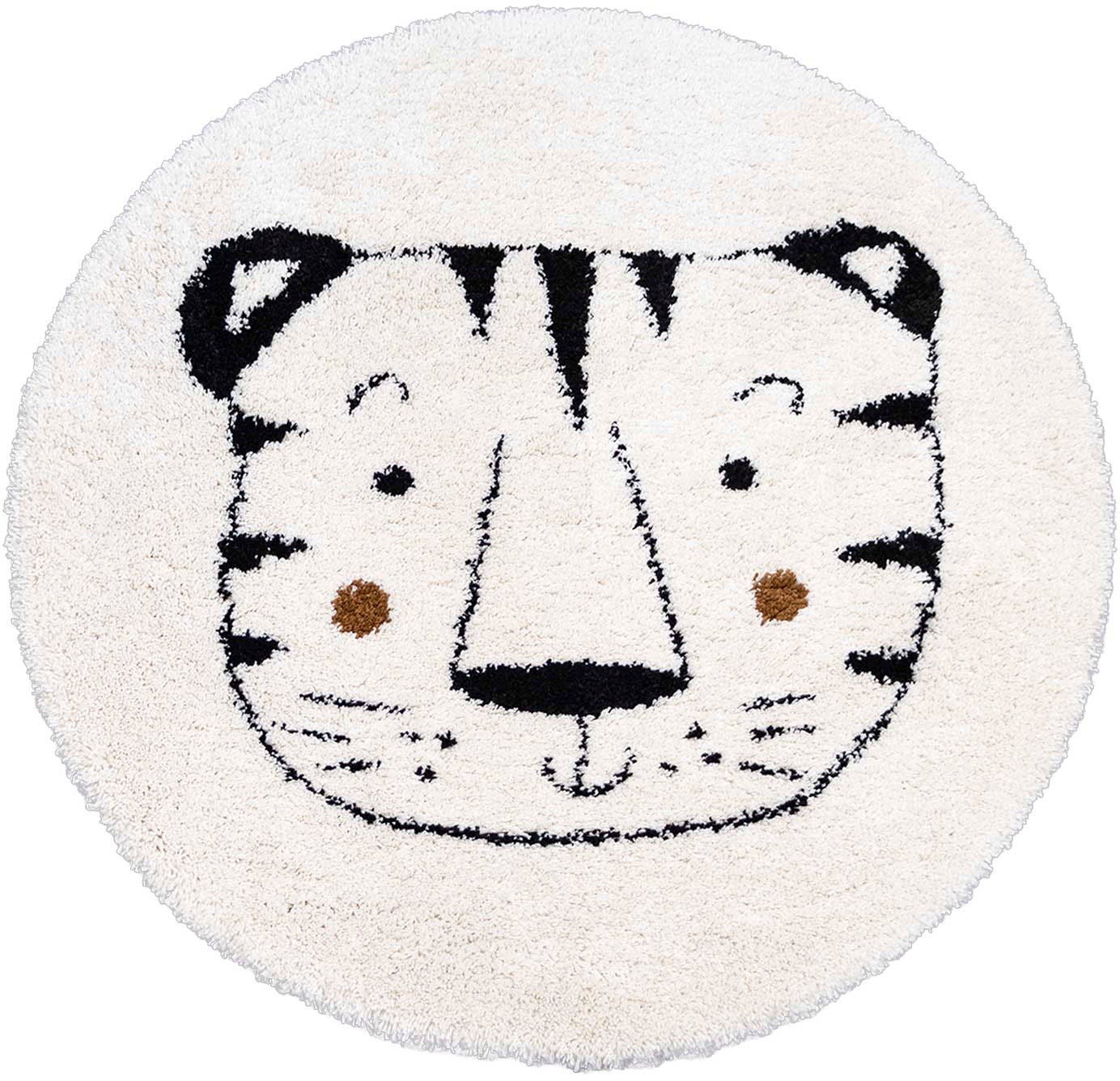 Primaflor-Ideen in Textil Kinderteppich »NOMAD - Whiter Tiger«, rund, 35 mm Höhe, Hochflor, Motiv Tiger, weich & kuschelig, Kinderzimmer