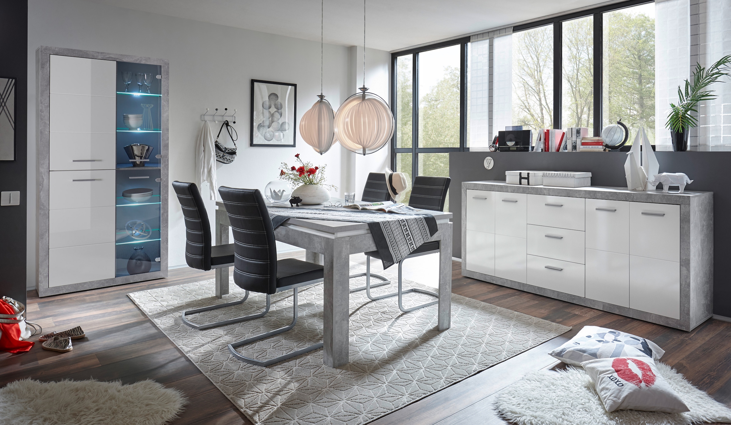 HBZ Sideboard »Stone weiß Hochglanz, Wohnzimmerschrank BxHxT 206x90x45 cm«, (1 St.), Mit 4 Türen, 3 geräumigen Schubkästen, 2 Einlegeböden verstellbar