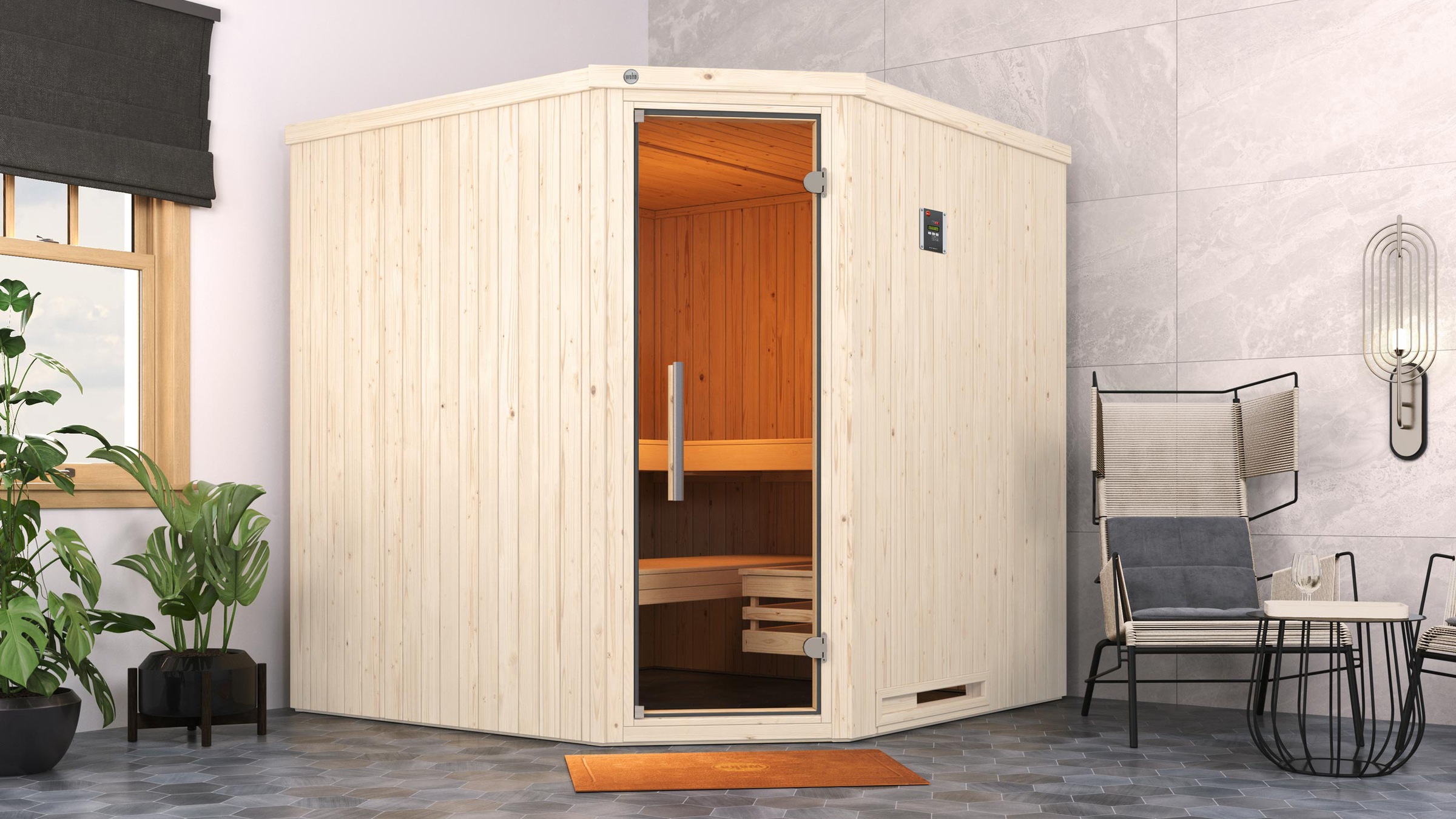 weka Sauna »Element-Ecksauna VARBERG 3«, vorgefertigte Elemente, moderne Ganzglastür
