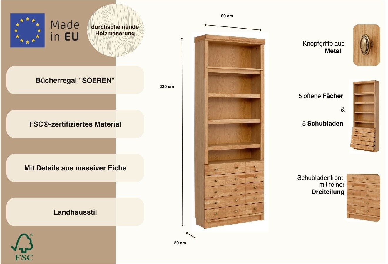 OTTO home Bücherregal »Soeren Eiche Regal mit 5 breiten Schubkästen in geteilter Optik« T/H: 80/29/220 cm, Eiche teilmassiv, FSC®, elegante Metallgriffe