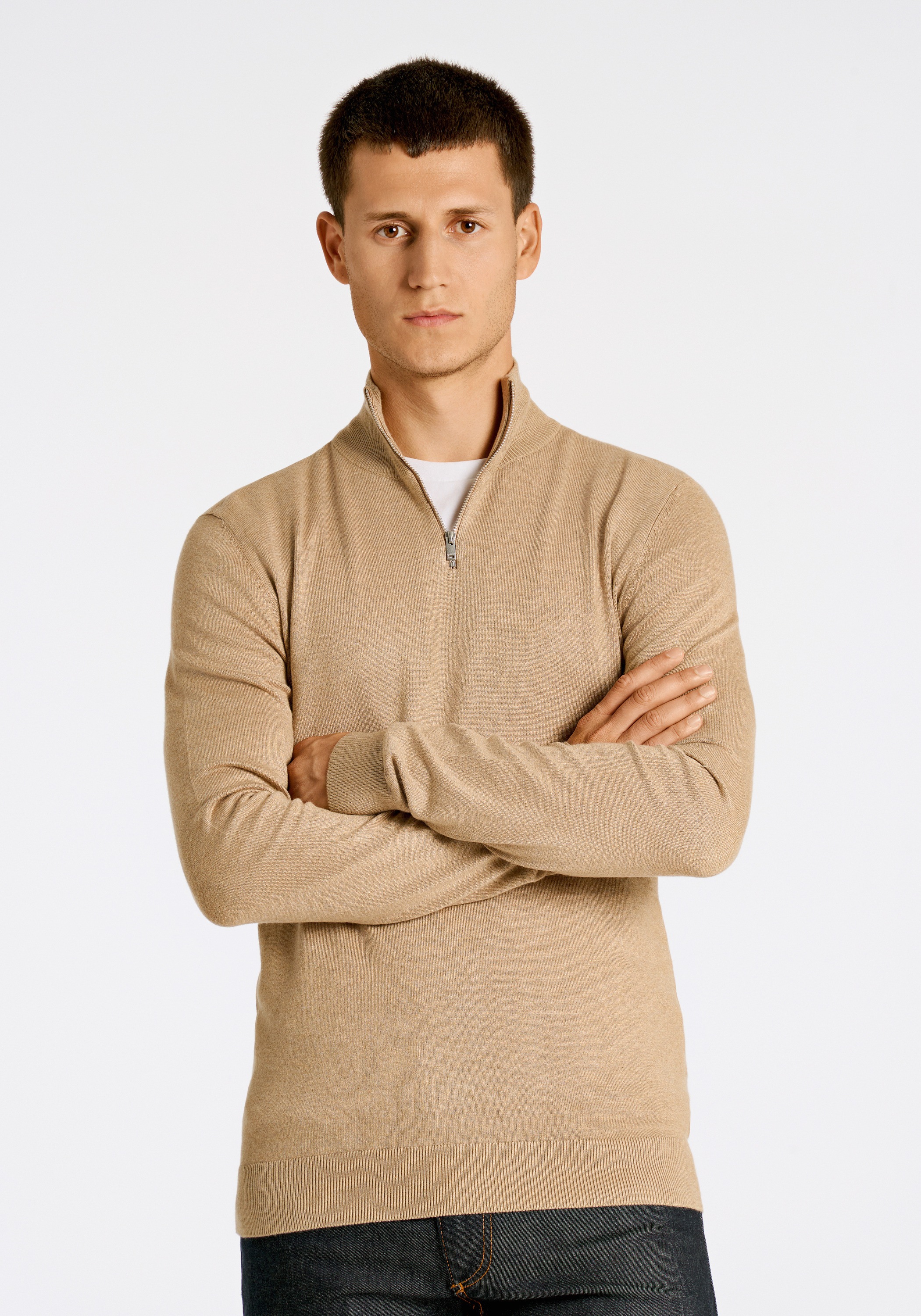 Troyer LINDBERGH "Troyer Slim Fit", Herren, Gr. XL, beige (sand mel), Obermaterial: 80% Viskose, 20% Nylon, hoch geschlossener Ausschnitt, Pullover Troyer