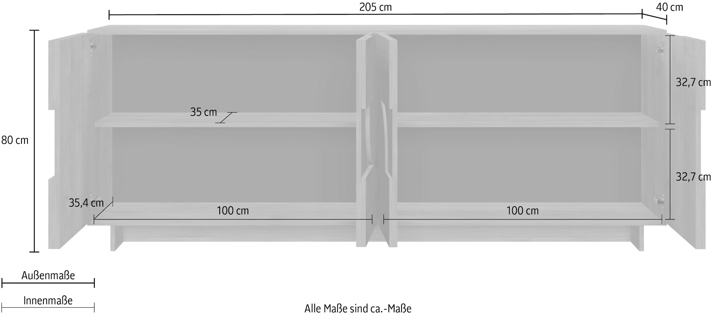 Home affaire Sideboard »Zen, 205 cm breit, 4 Türen, Anrichte, Kommode, Stauraumschrank« Push-to-open, 3D-Fronten, Mercure-Holzstruktur, viel Stauraum