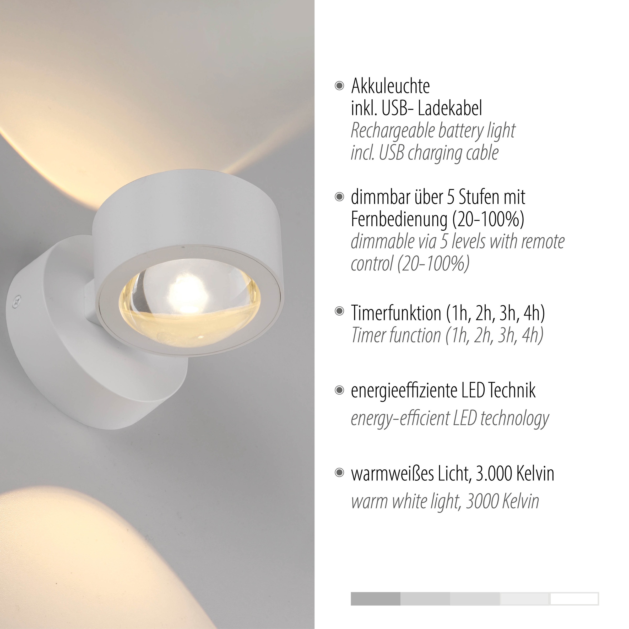 JUST LIGHT LED Wandleuchte »AKKU-CHIA« LED-Board 1 Stk. Warmweiß Akkubetrieben inkl. USB-Ladekabel, 5 Stufen Dimmung + Timerfunktion