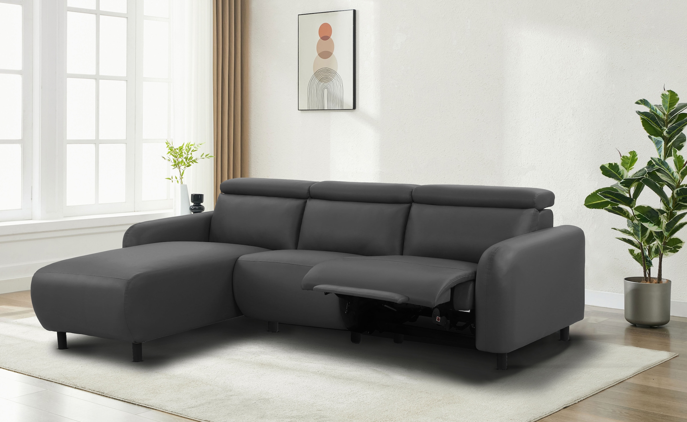 Home affaire Ecksofa »SKAANE Lederoptik, L-Form, 274 cm, manuelle u. elektrische Funktion,«, rundes Design, Kopfteilverstellung, Federkernpolsterung