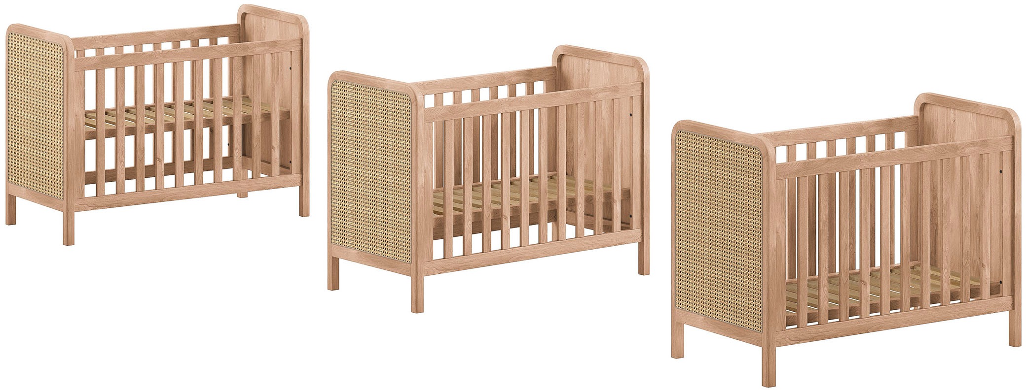Vipack Babymöbel-Set »Woods best. aus Babybett 60x120 cm und Wickelregal« 2 tlg. geräumige Ablageflächer, Bett wahlweise mit Rattan oder Bouclé Optik