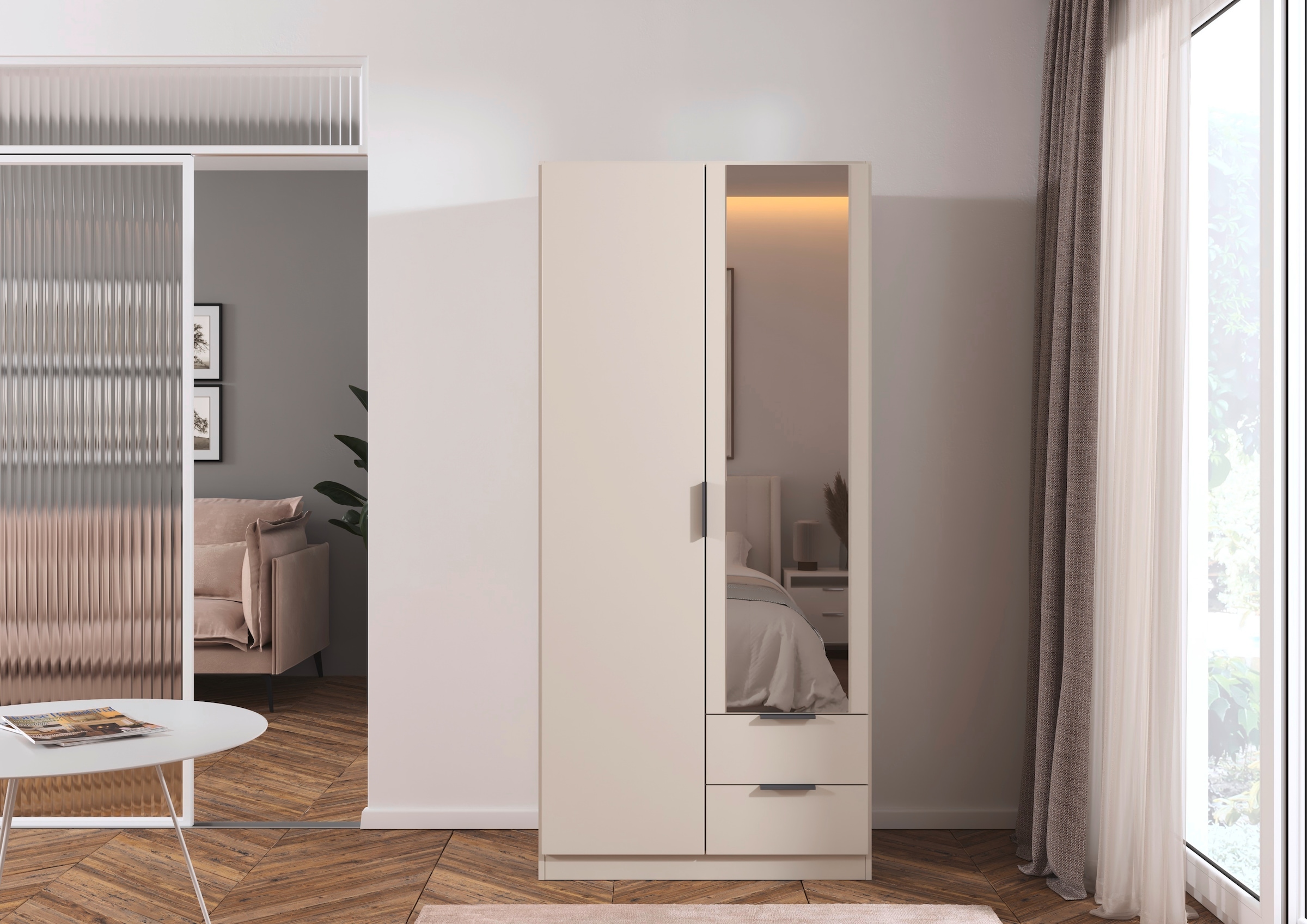 rauch Kleiderschrank »Drehtürenschrank Schrank Garderobe Ankleide Schlafzimmer LAGOA« in 3 verschiedenen Ausstattungen BASIC/CLASSIC/PREMIUM,  geräumige Schubladen, 3 Breiten, optional mit Aufsatz MADE IN GERMANY