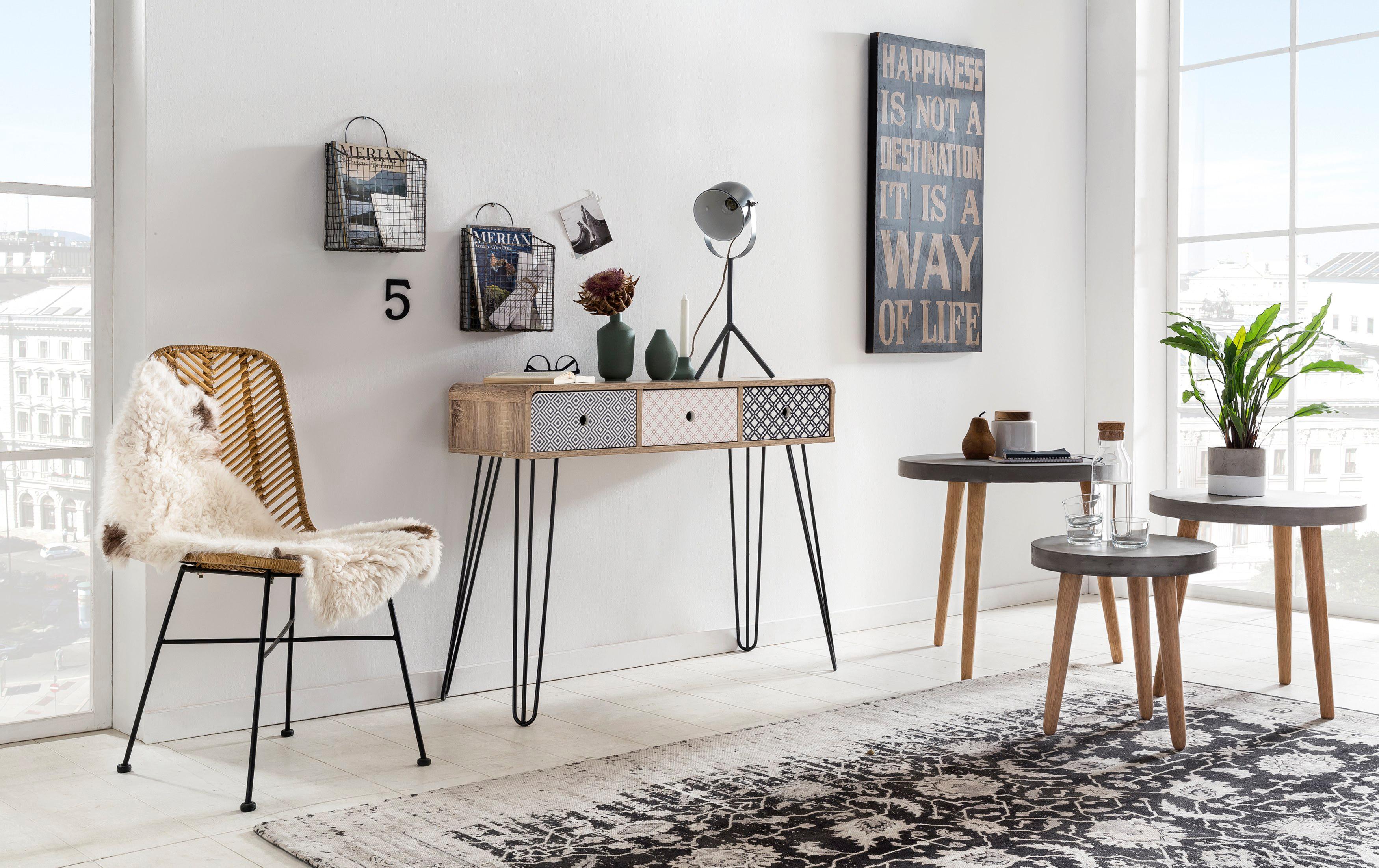 SIT Konsolentisch "Hvar im Scandi-Shabby-Chic mit 3 grifflosen Schubladen" White-Wash-Oberfläche mit blau-weißen Fronten im Vintage-Look