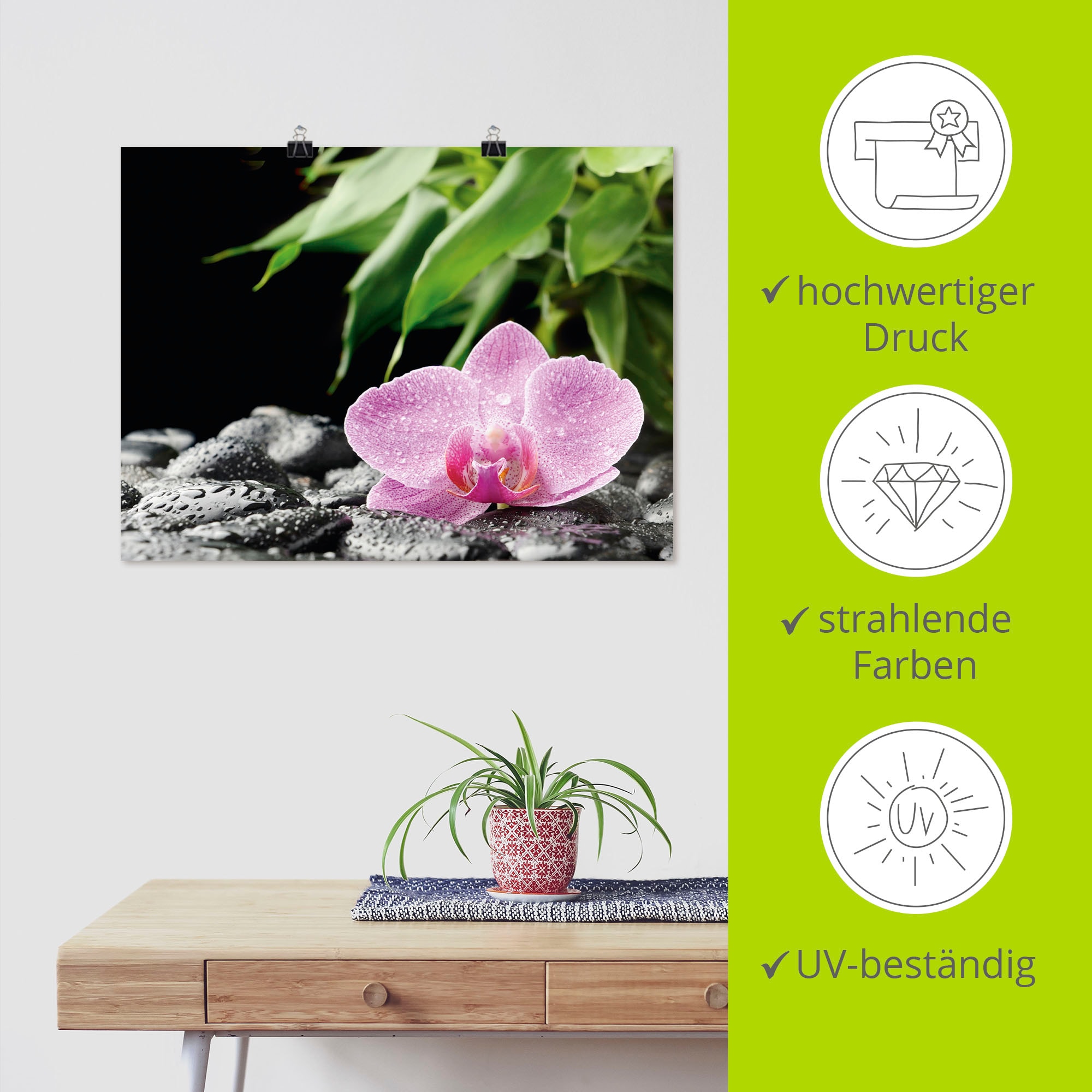 Artland Wandbild »Rosa Orchidee auf schwarzen Zen Steinen«, Blumen, (1 St.), als Leinwandbild, Poster in verschied. Größen