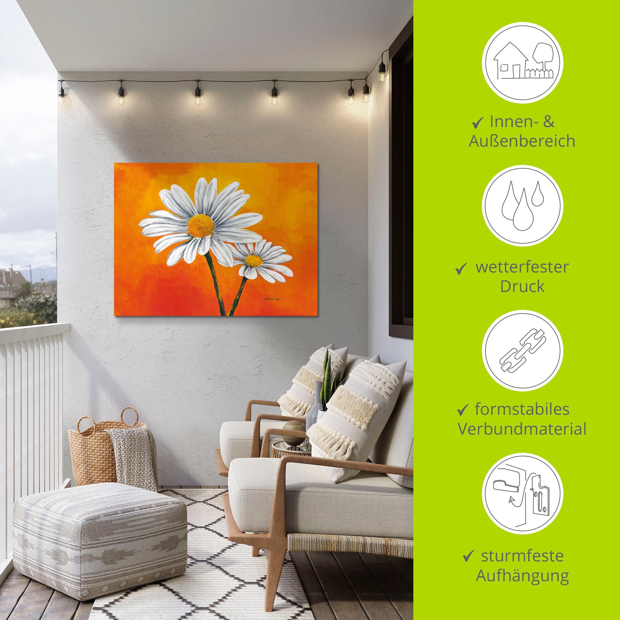 Artland »Margeriten auf Orange« Blumen 1 Stk. tlg. für Innen- und Außenbereich geeignet, Outdoorbild