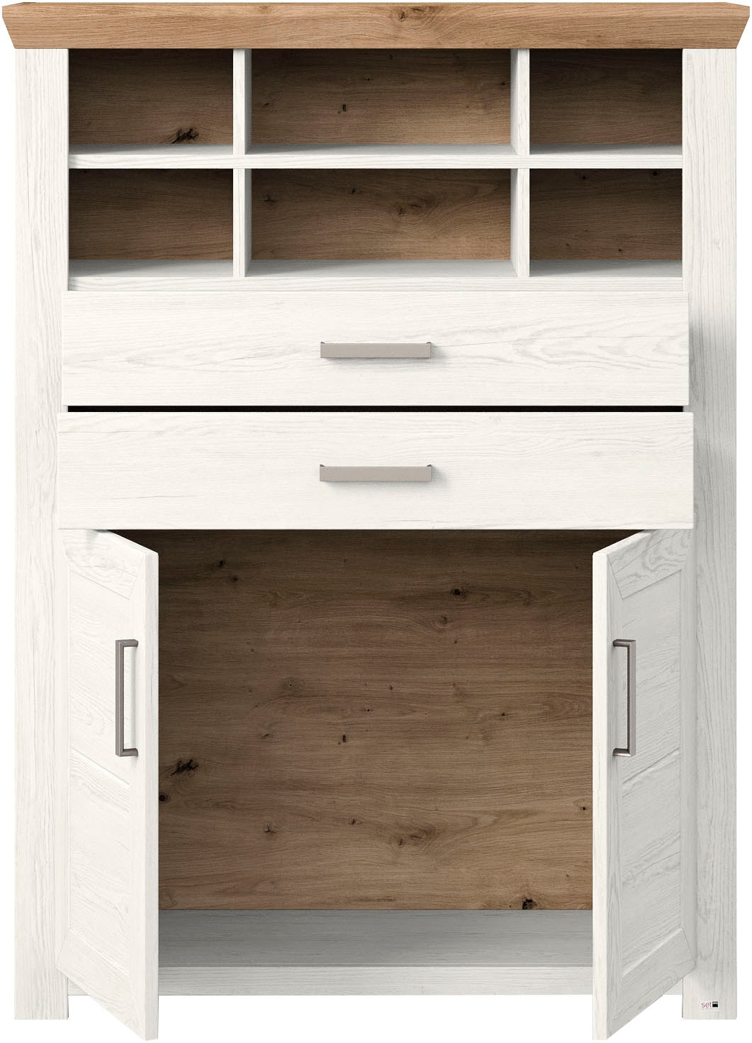 set one by Musterring Highboard »York«, Typ 16, mit Holztüren und Schubkasten, Beleuchtung optional, B 105 cm