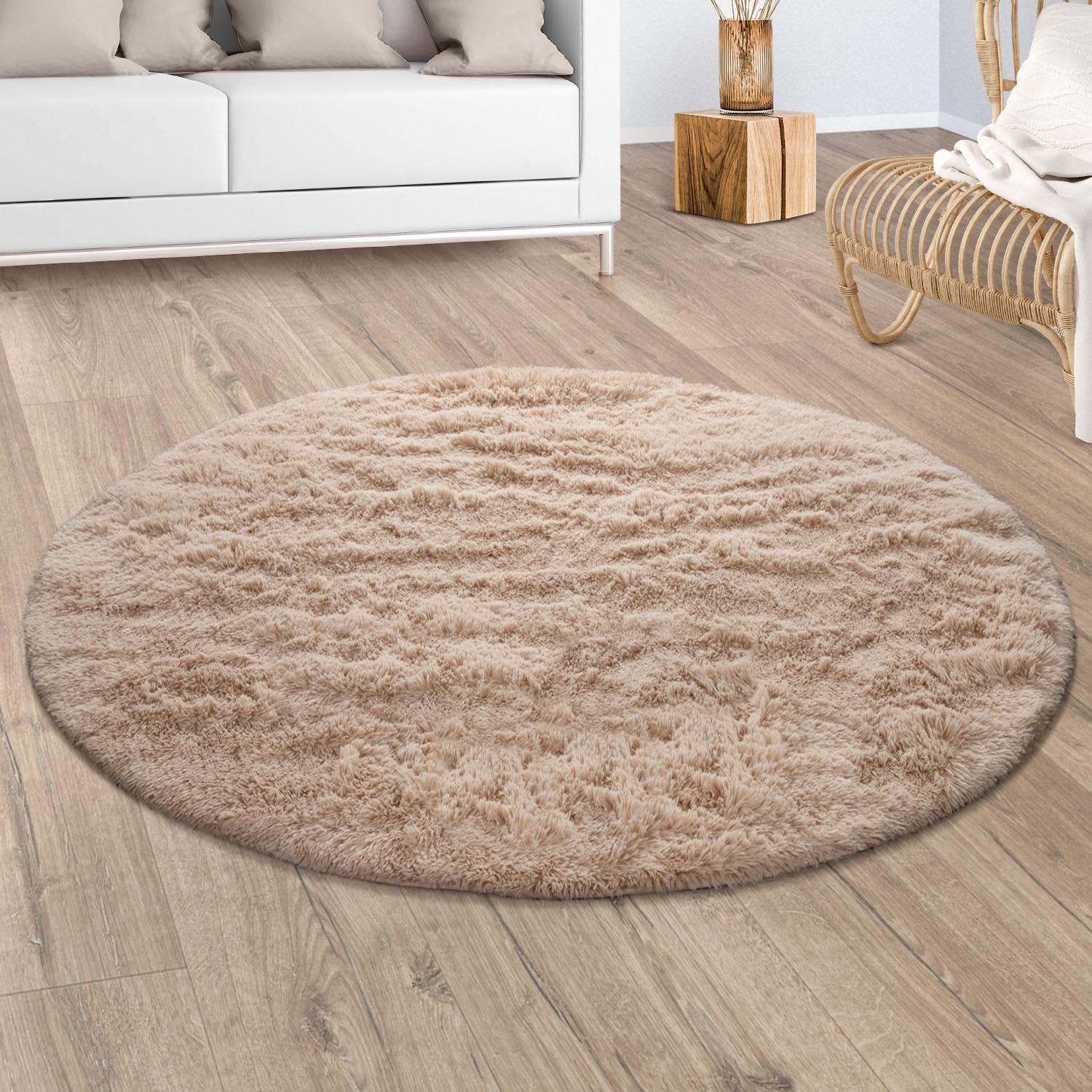 Paco Home Hochflor-Teppich "Silky 591" rund 37 mm Höhe Uni-Farben, besonders weich und kuschelig, Wohnzimmer