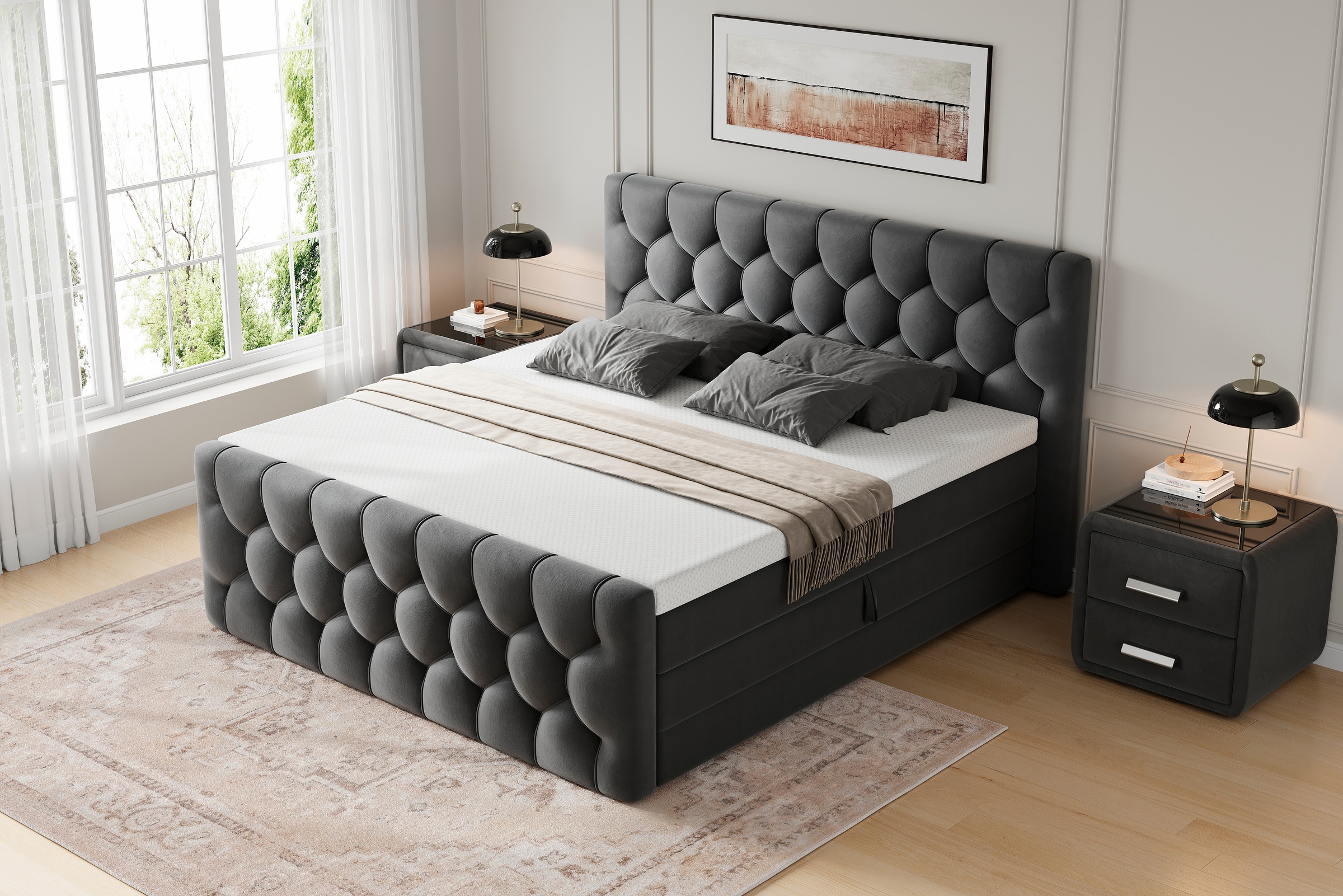 OTTO home Boxbett »BASILL, Polsterbett mit Bettkasten und Taschenfederkernmatratze H3« mit 7cm Komfortschaum-Topper, Samt-Bezug, 180x200cm