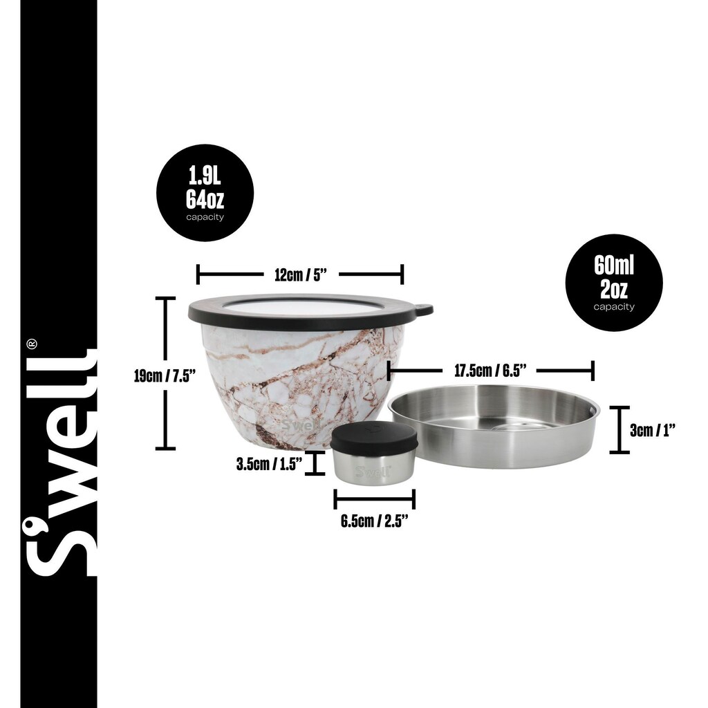 S'well Salatschüssel »S'well Calacatta Gold Salad Bowl Kit, 1.9L«, 3 tlg., aus Edelstahl, Therma-S'well®-Technologie mit vakuumisolierten Außenschale