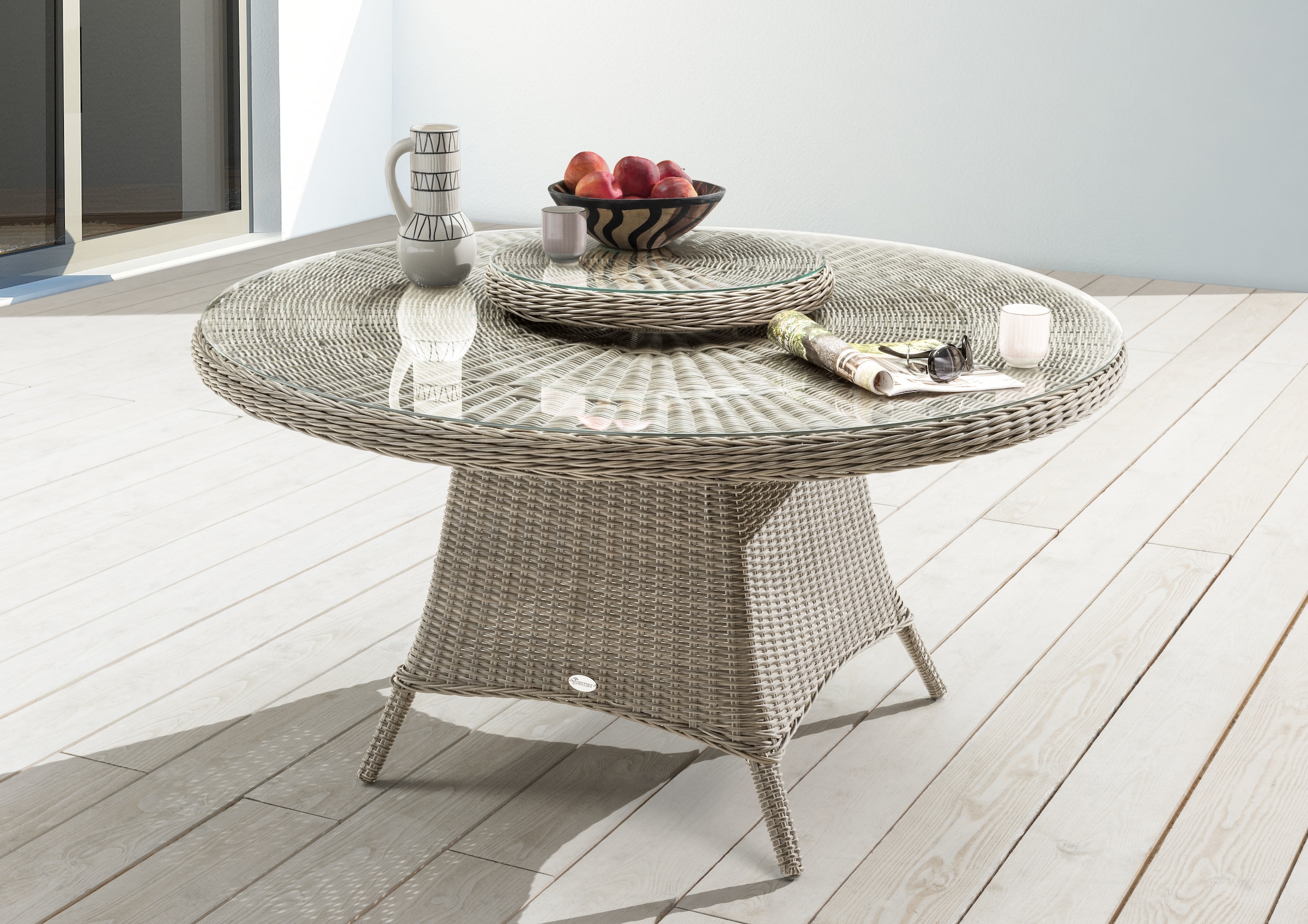 Destiny Garten-Essgruppe »MALAGA LUNA«, (Set, 14 tlg., 4x Sessel, 1x Tisch Ø150cm, 1x Drehteller, inkl. Auflagen), Aluminium, Polyrattan