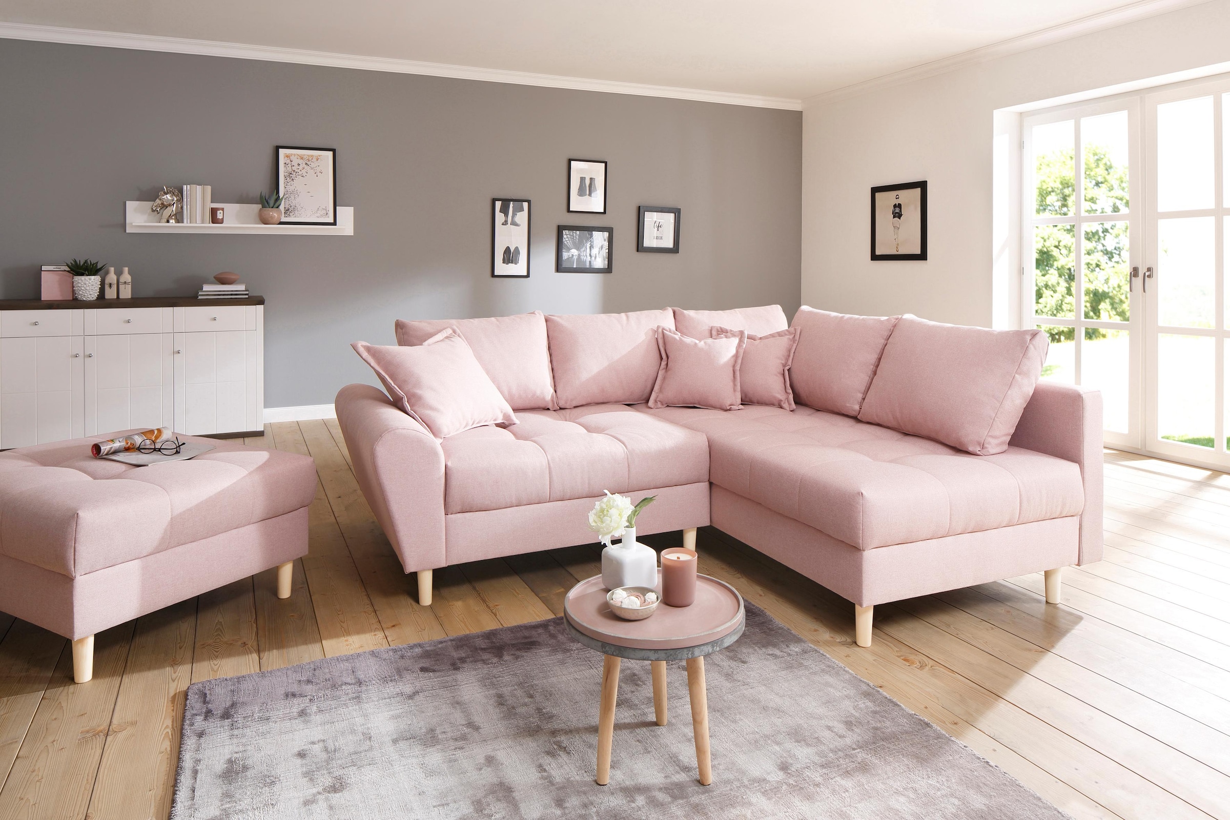 Home affaire Ecksofa »Rice L-Form«, (Set, mit Hocker), mit Bonnellfederkern, Hocker & Kissen,...