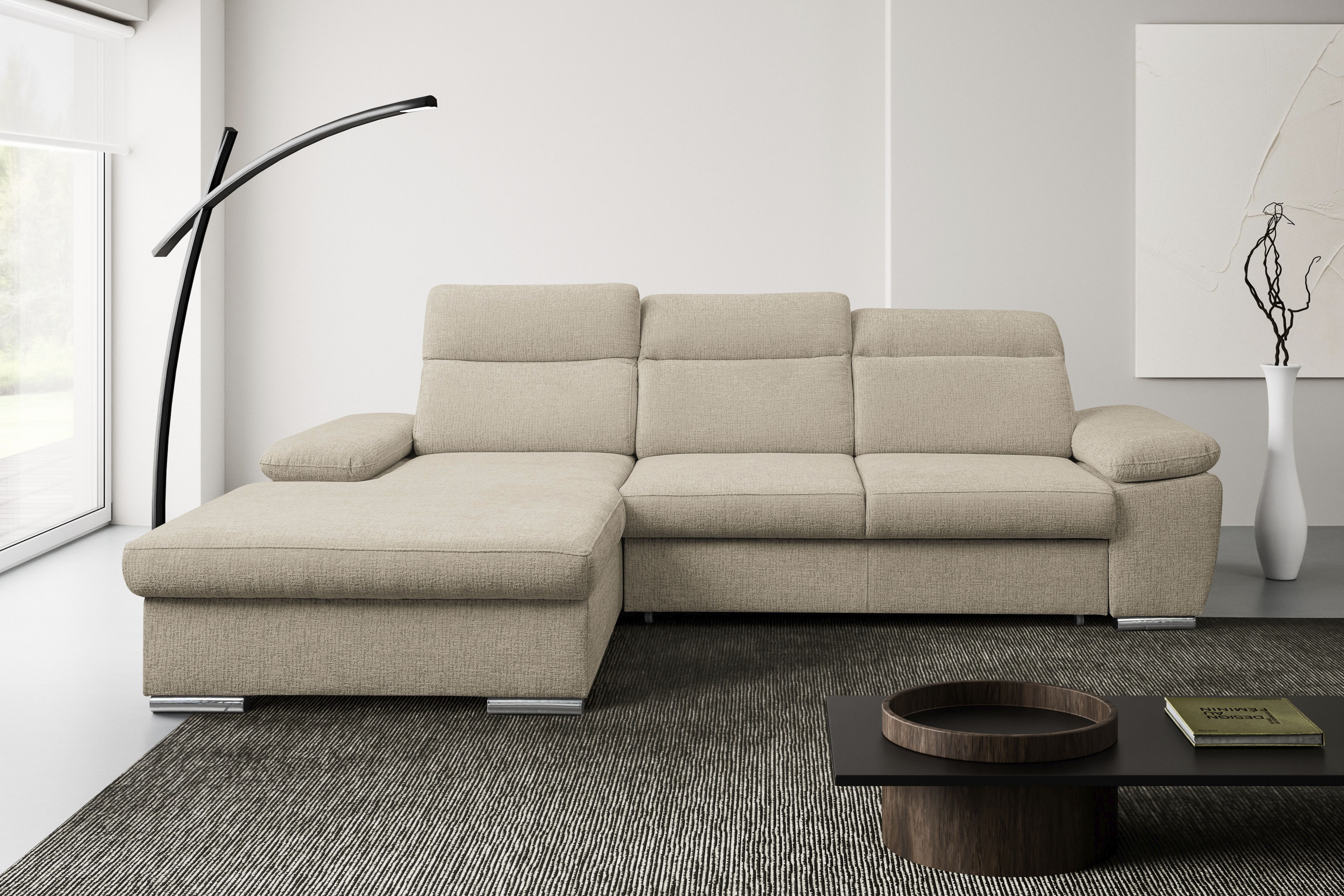 WERK2 Ecksofa "Palma 282 x 185 cm modern und bequem" Chenille, L-Form, XXL, Schlaffunktion, Bettkasten