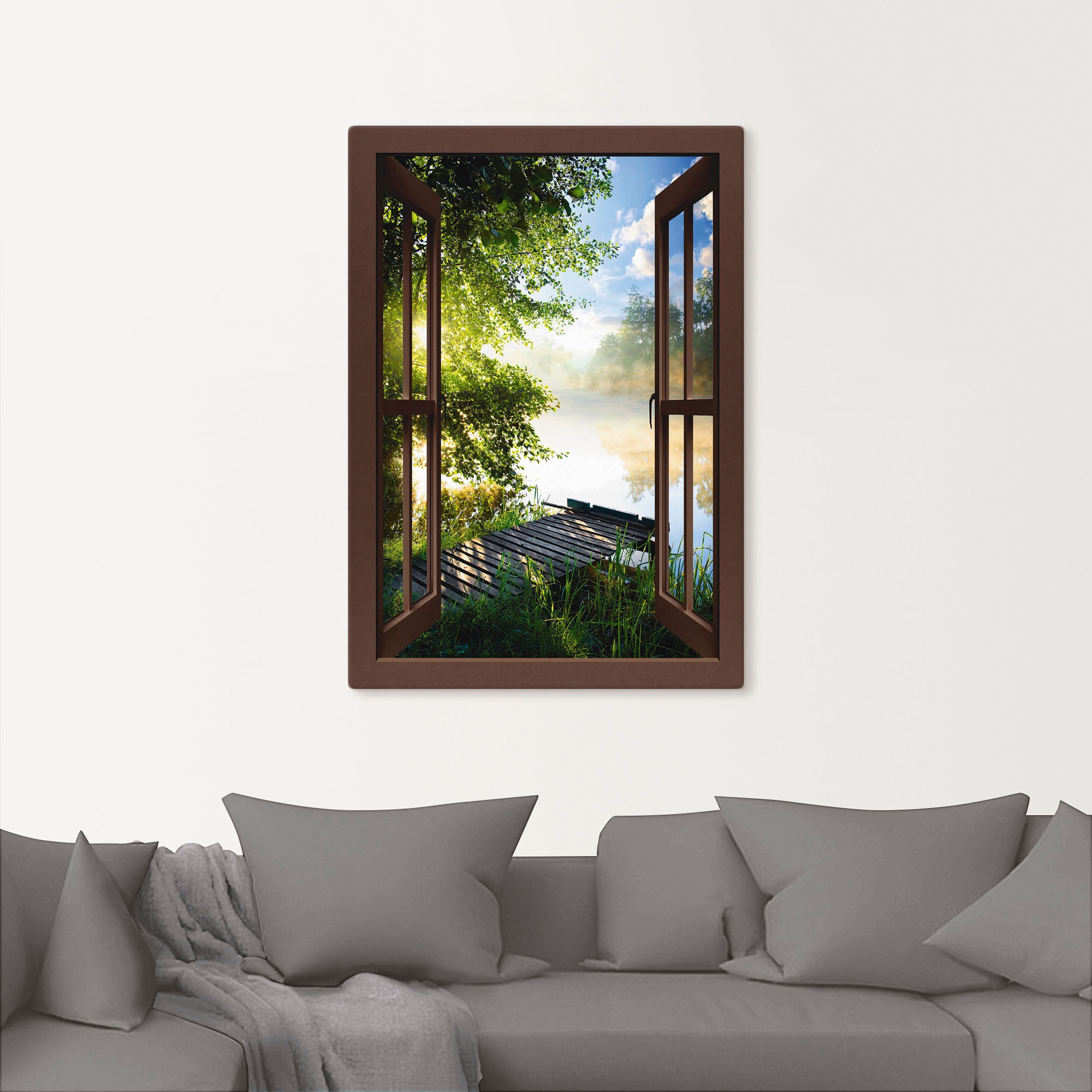 Artland Wandbild »Fensterblick Angelsteg am Fluss«, Fensterblick, (1 St.), als Alubild, Outdoorbild, Leinwandbild, Poster, Wandaufkleber