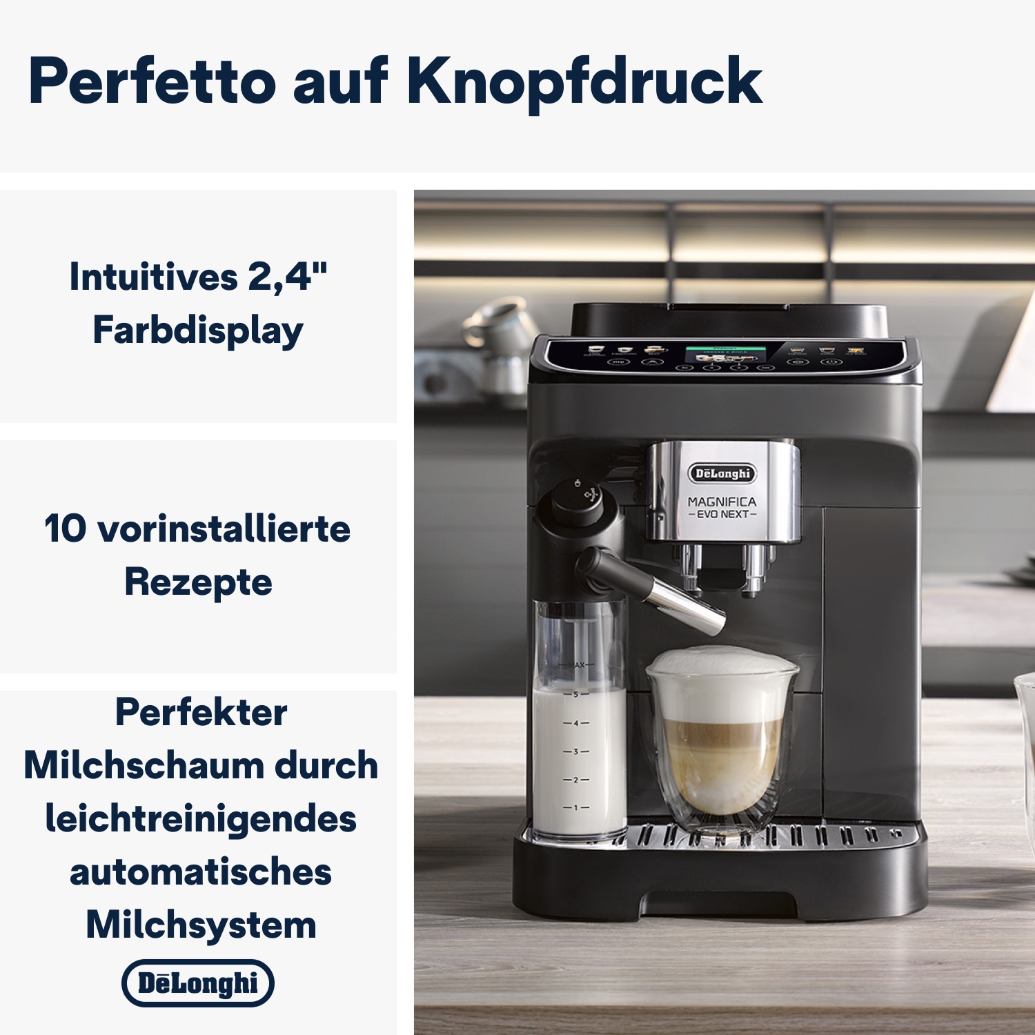 De'Longhi Kaffeevollautomat »Magnifica Evo Next ECAM310.60.GB, Barista-Genuss per Touch, grau« MyLatteFunktion, 3 Benutzerprofile, LatteCrema Milchsystem, 10 Rezepte