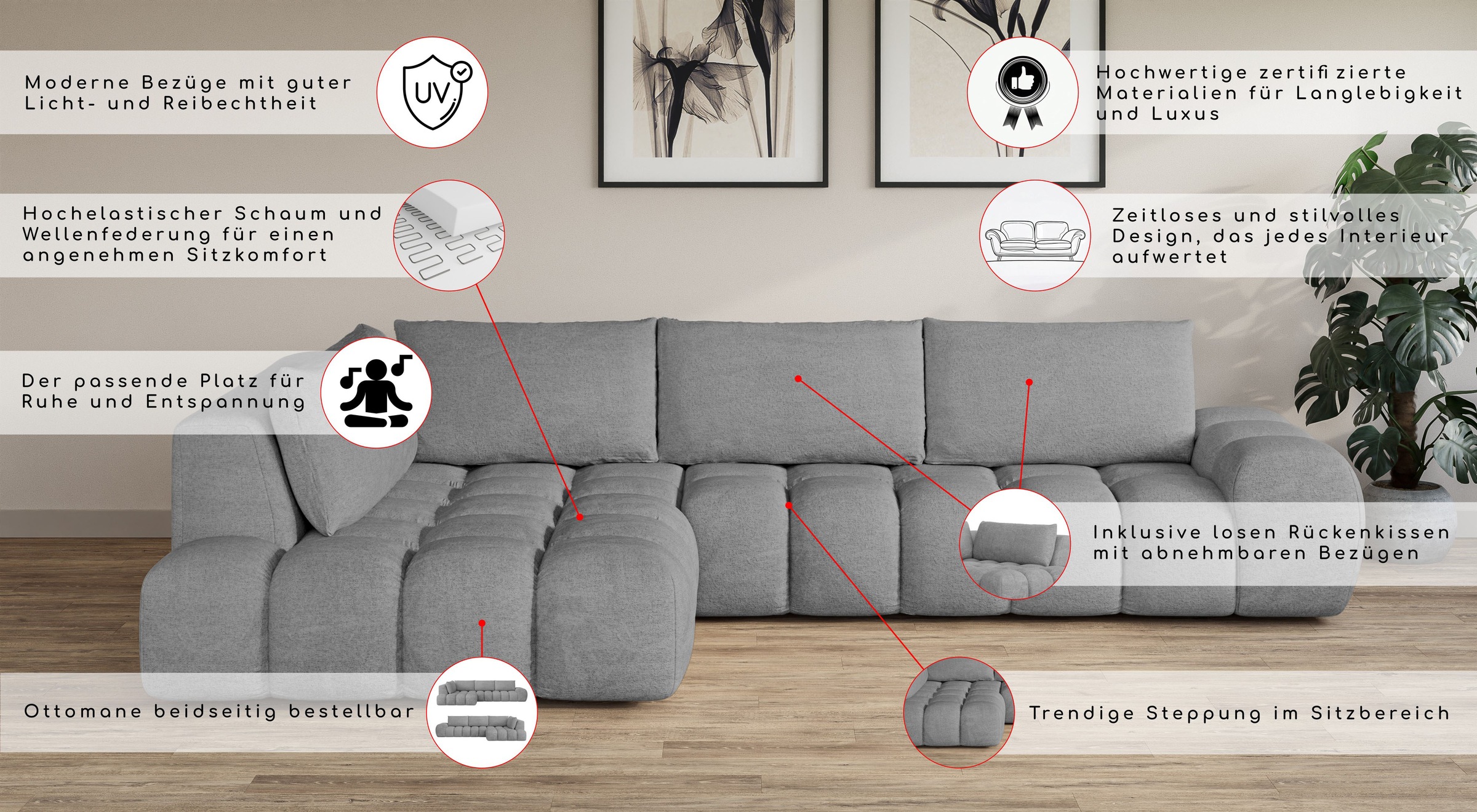 Thumbnail - INOSIGN Ecksofa "AZITA Designsofa, elegant und bequem L-Form, Bubble-Optik", lose Rückenkissen, traumhafte Steppung, Maß...