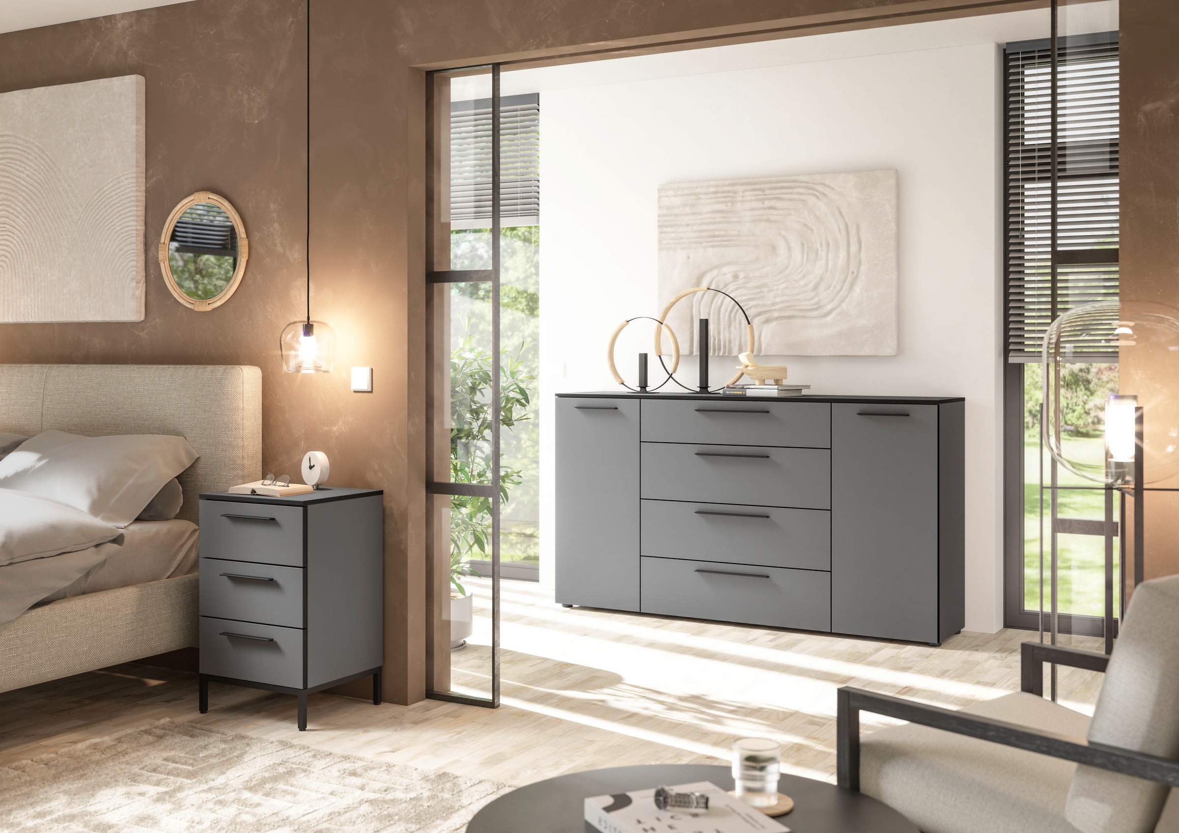 Manjana Möbel Nachtkommode "Nachtkommode mit Schwarz matten Metallgriffen" günstig online kaufen