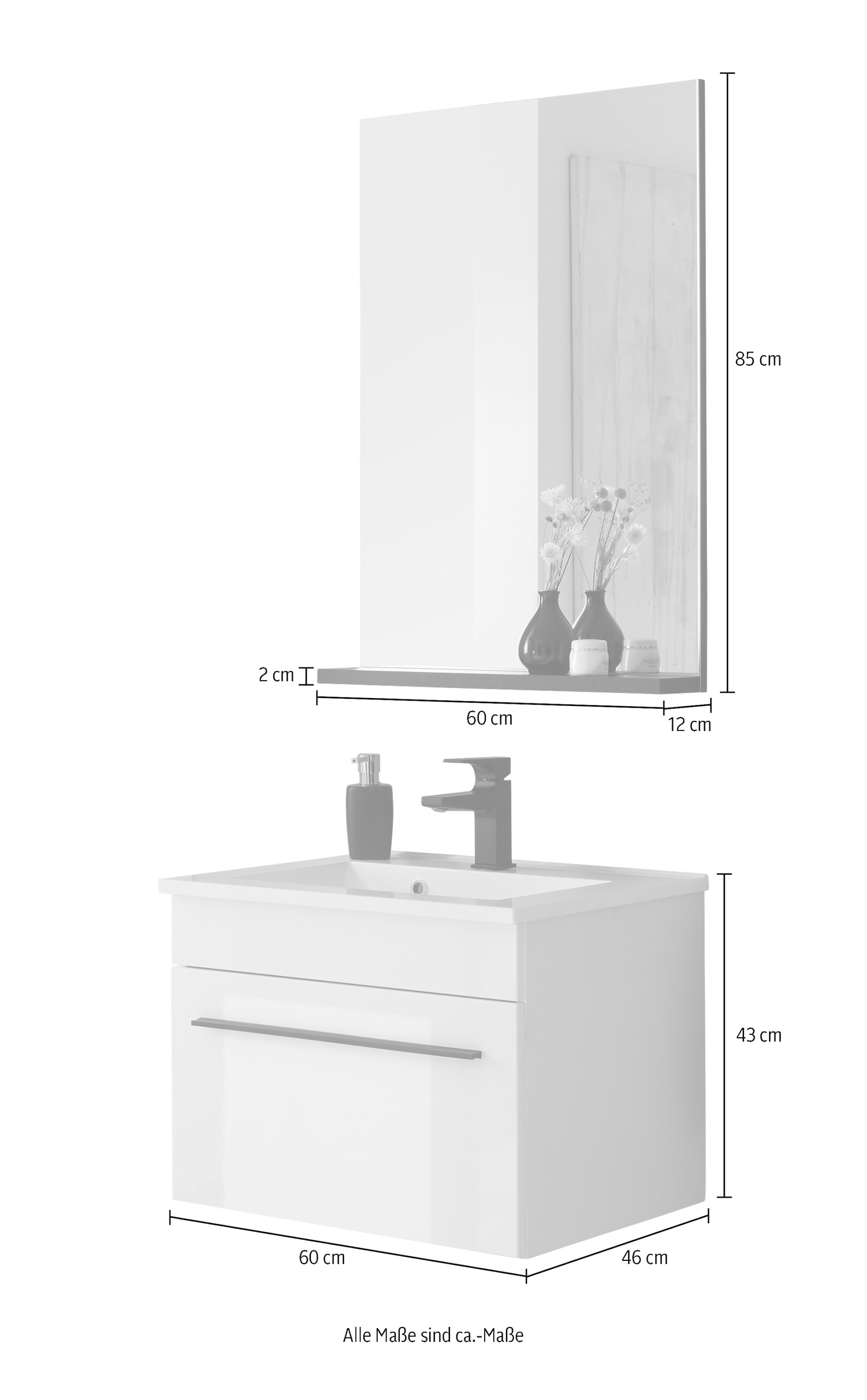 INOSIGN Badmöbel-Set »Cantara, Bad im modernen Design, 2-teiliges Badezimmer«, (Set, 2 St.), Waschtisch und Spiegel, in Weiß Hochglanz, viel Stauraum