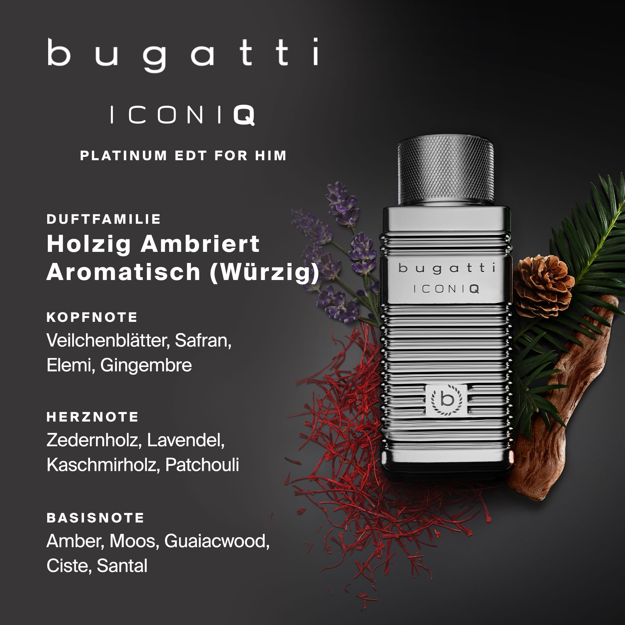 bugatti Eau de Toilette »bugatti ICONIQ PLATINUM for him EdT 100ml« holzig, würzig, Safran, Zedernholz, Amber