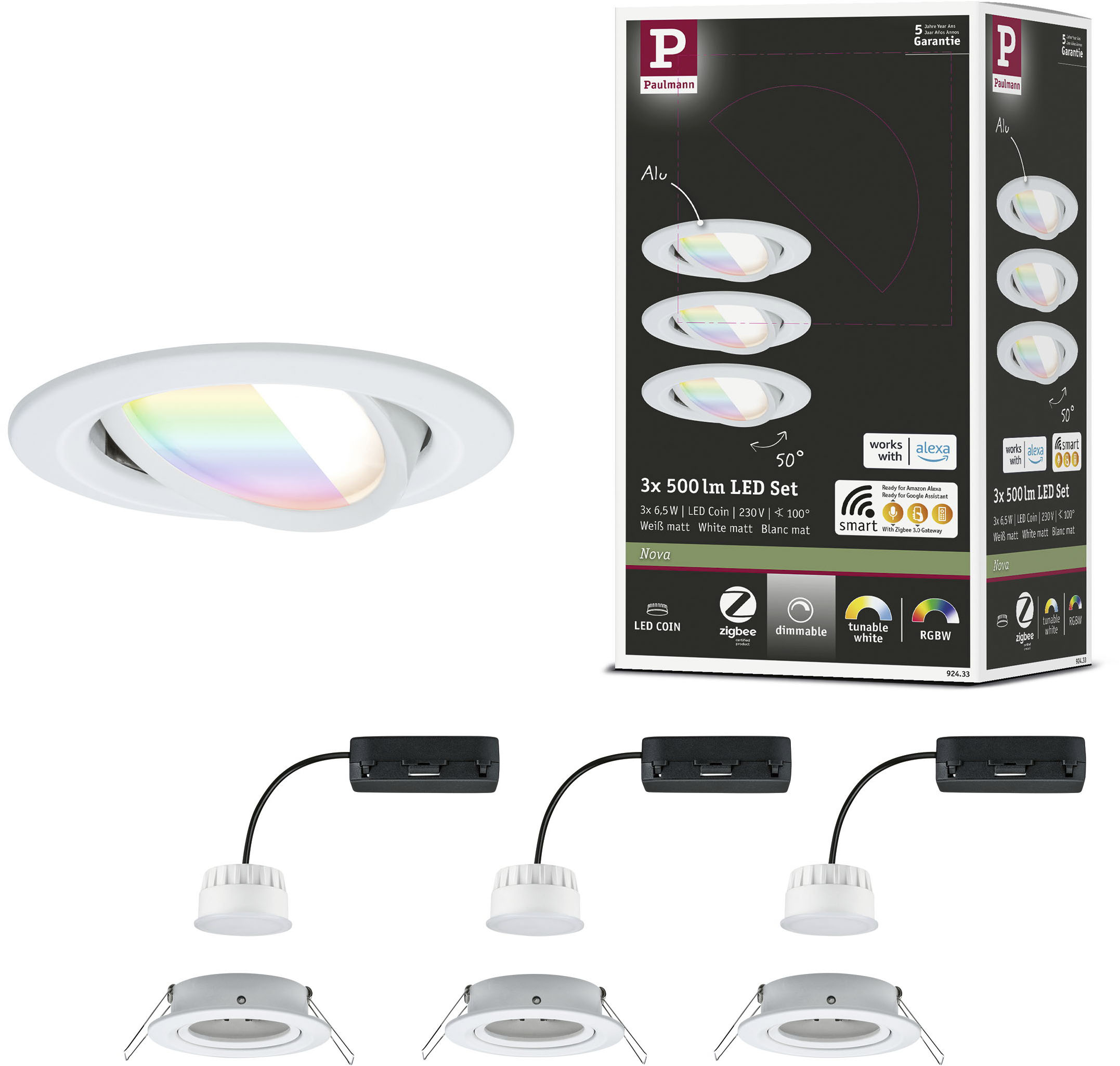 PAULMANN LED Einbauleuchte "LED Einbauleuchte Nova Coin rund 84mm 50", 3, Ø 8,4cm, 3 Stk., weiß, Leuchten, Memoryfunktion, Farbwechsler,