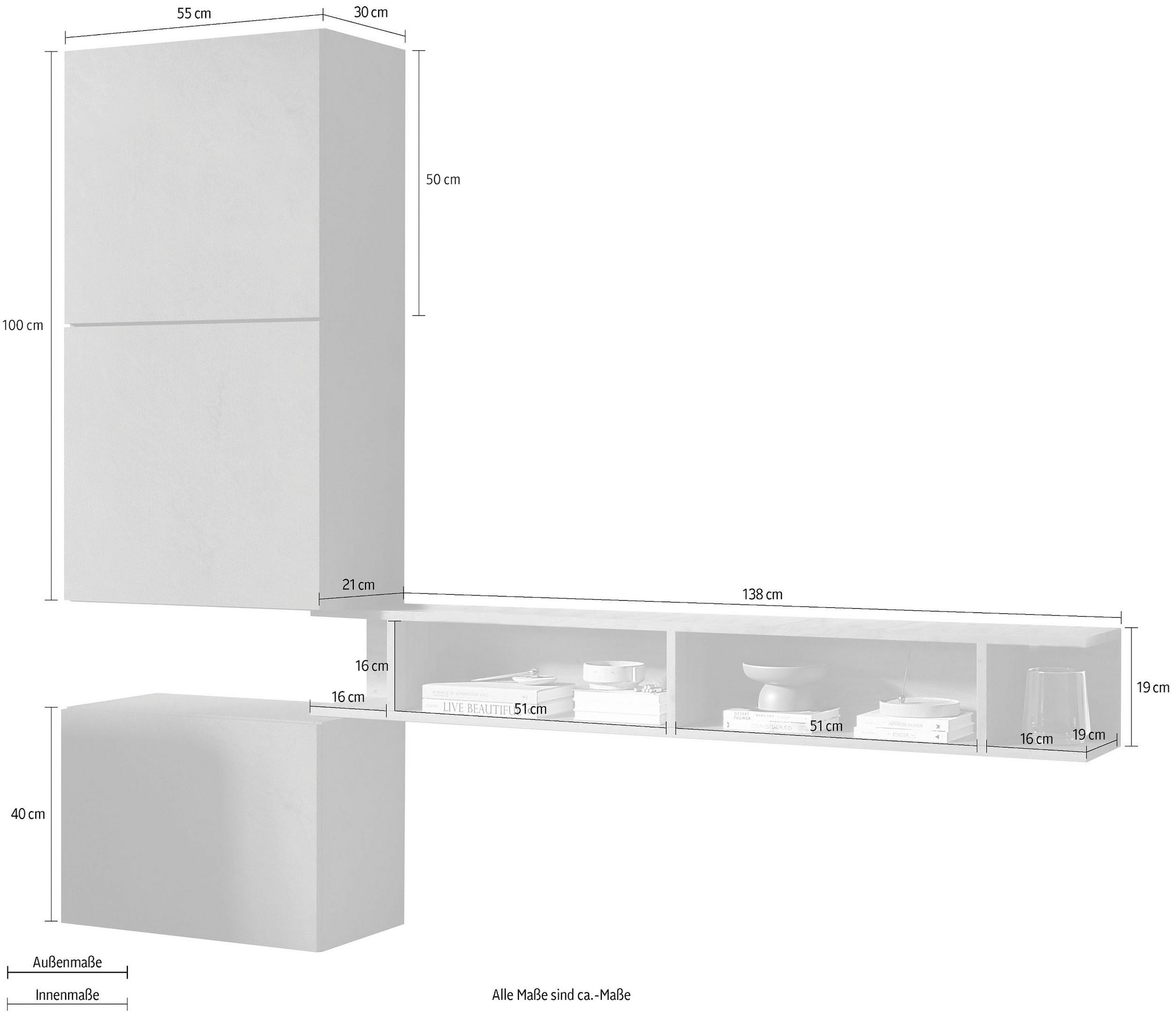 INOSIGN TV-Wand »INFINITY, 4tlg. Breite 180 cm, Höhe variabel, Wohnwand«, (Spar-Set, 4 St.), (TV-Wandregal, 2x Hängewürfel, Würfel-Element bodenstehend)