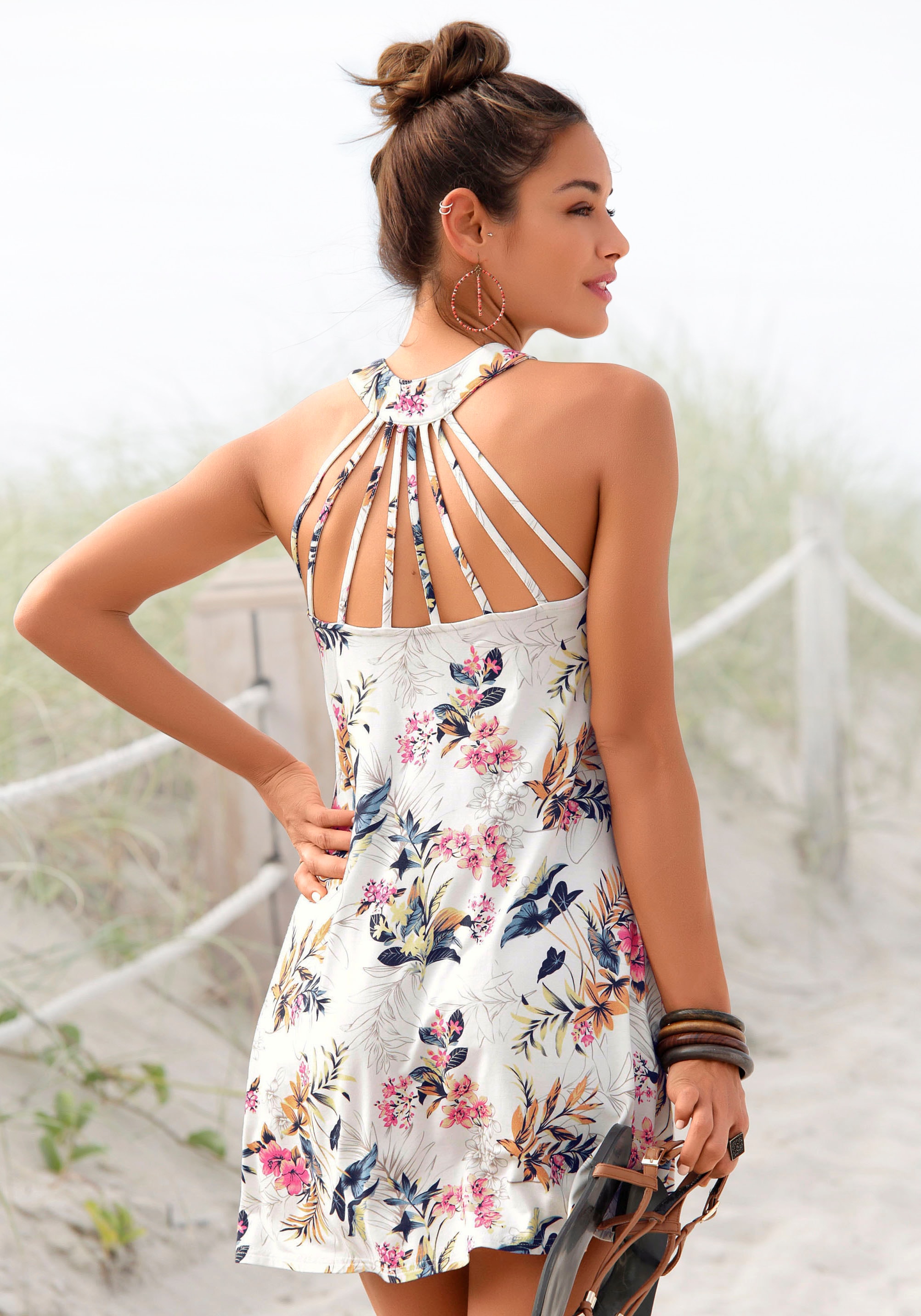 Strandkleid, mit besonderem Trägerdesign, Minikleid mit Blumendruck, Sommerkleid