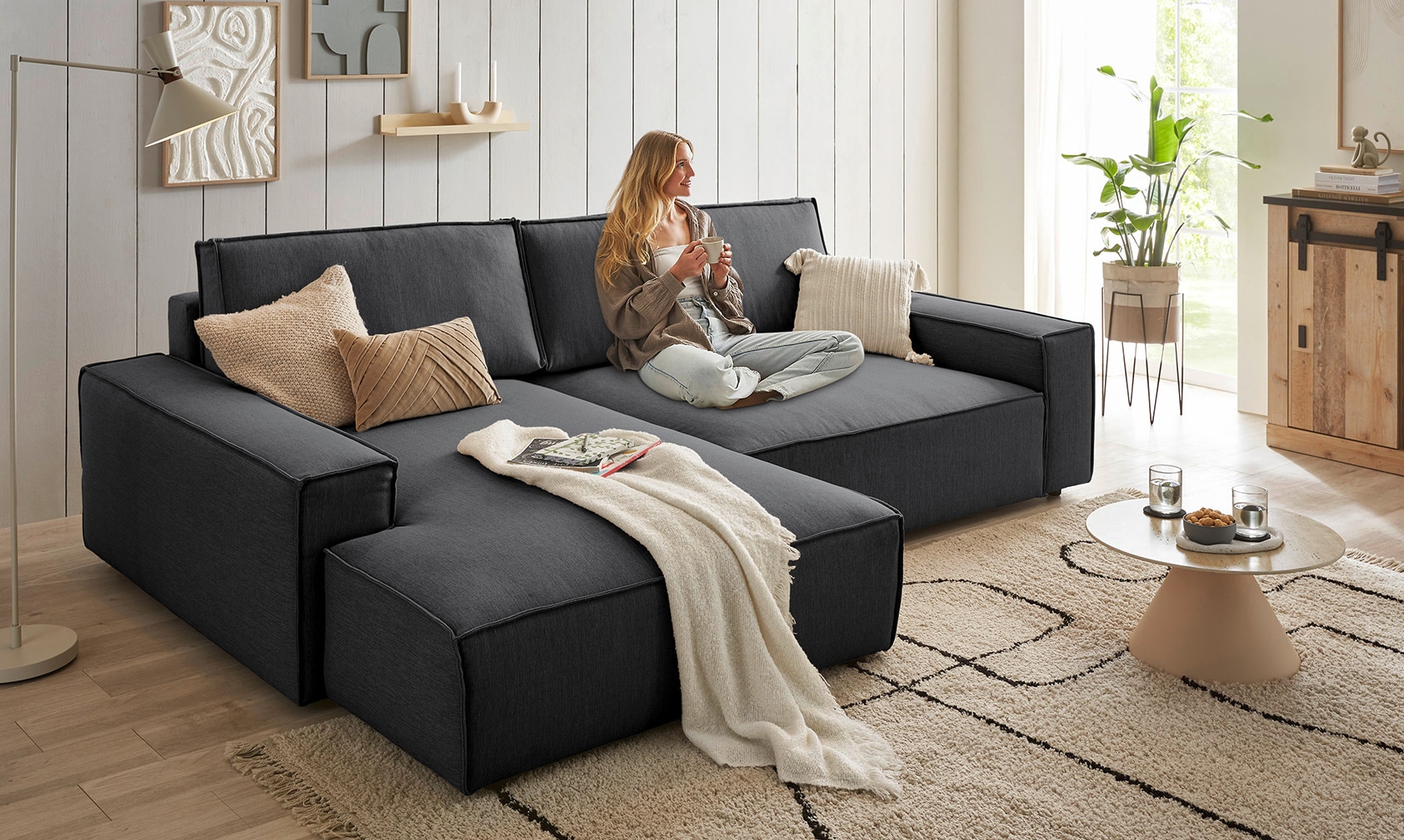 OTTO home Ecksofa "SHERWOOD XXL Leinenoptik 284, Big-Sofa L-Form, tiefe Sitzfläche 95 cm" Recamiere rechts/links, als Schlafsofa stellbar, Cord u. Leinenoptik