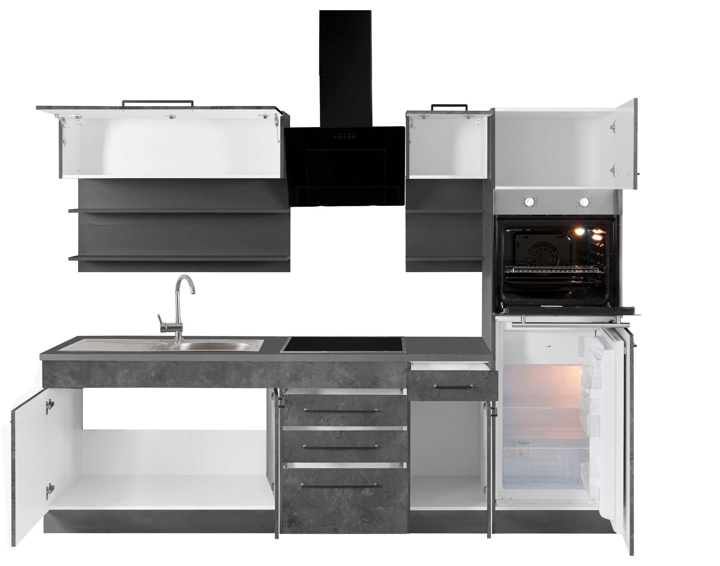 KOCHSTATION Küchenzeile »KS-Tulsa«, mit E-Geräten, Breite 270 cm, schwarze Metallgriffe, MDF Fronten