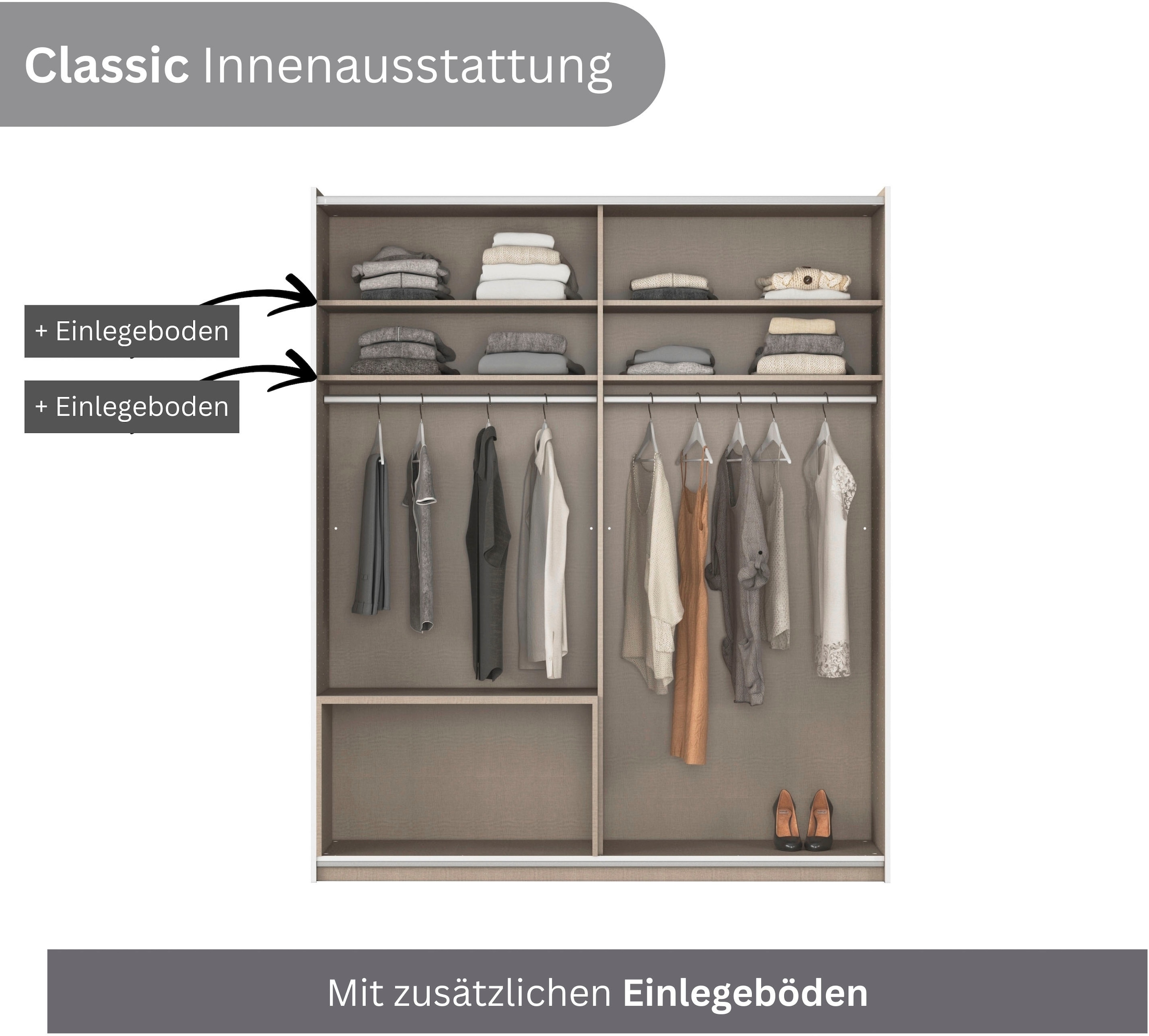 rauch Schwebetürenschrank »Kleiderschrank Schrank Garderobe Wäscheschrank SEVILLA mit Spiegel«, (in 3 verschiedenen Ausstattungen BASIC/CLASSIC/PREMIUM), Metall-Griffleisten alufarben oder Graumetallic MADE IN GERMANY