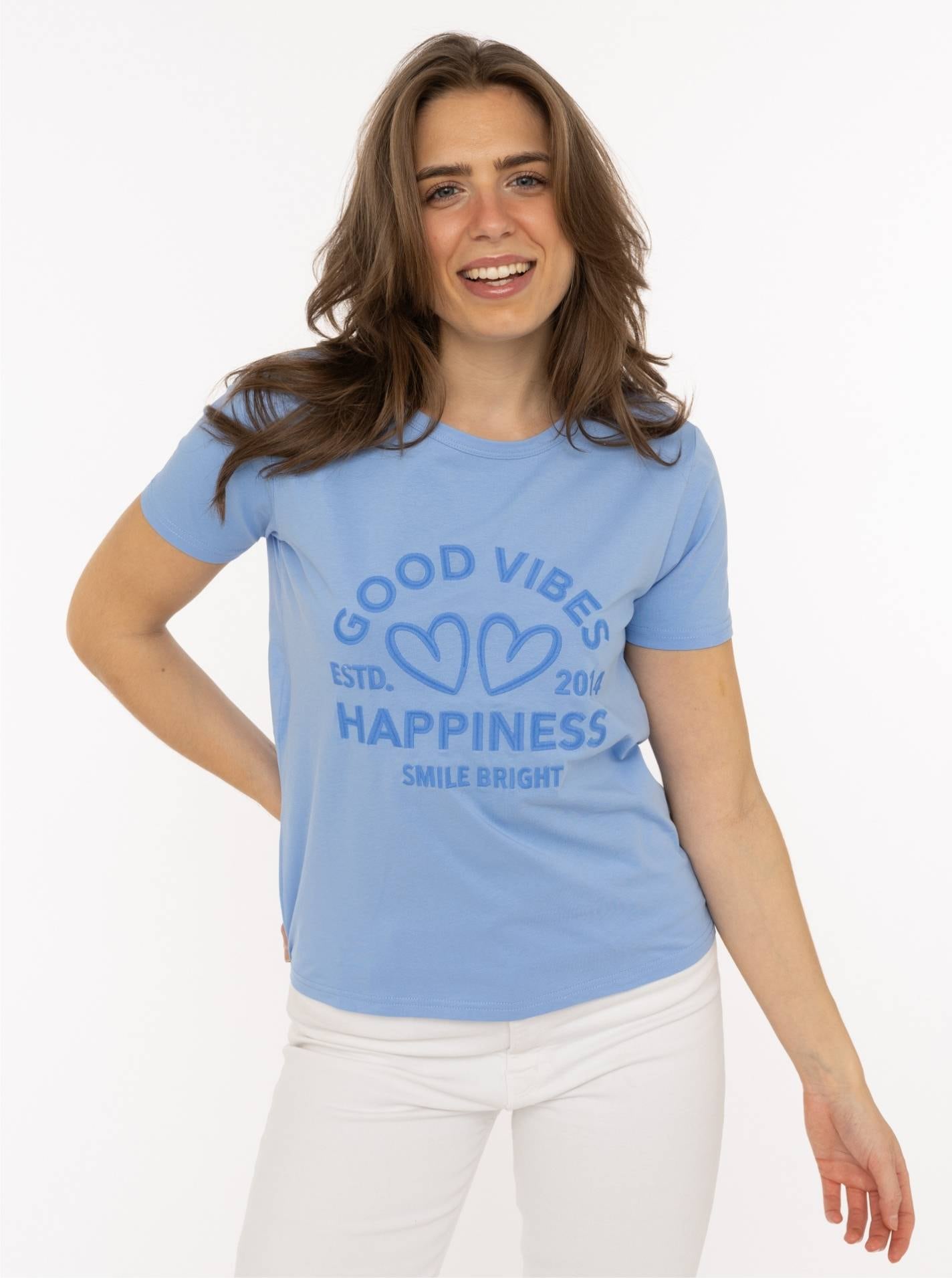 Zwillingsherz T-Shirt ""Happiness Vibes"" ton in ton Stickerei, kurzarm, Ru günstig online kaufen