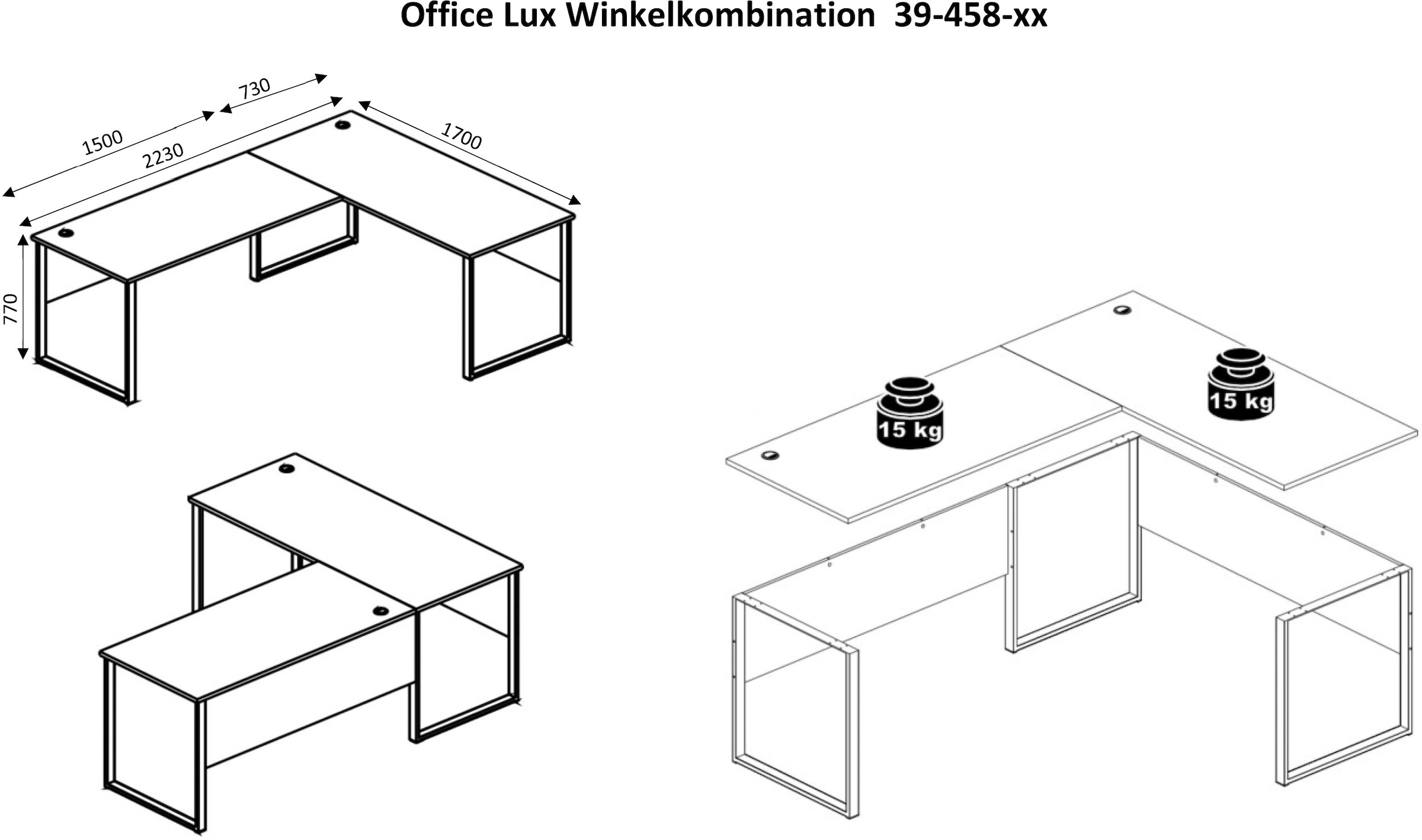 BEGA OFFICE Eckschreibtisch »Office Lux«, mit Kabeldurchlass, rechts/links montierbar, 223x170 cm