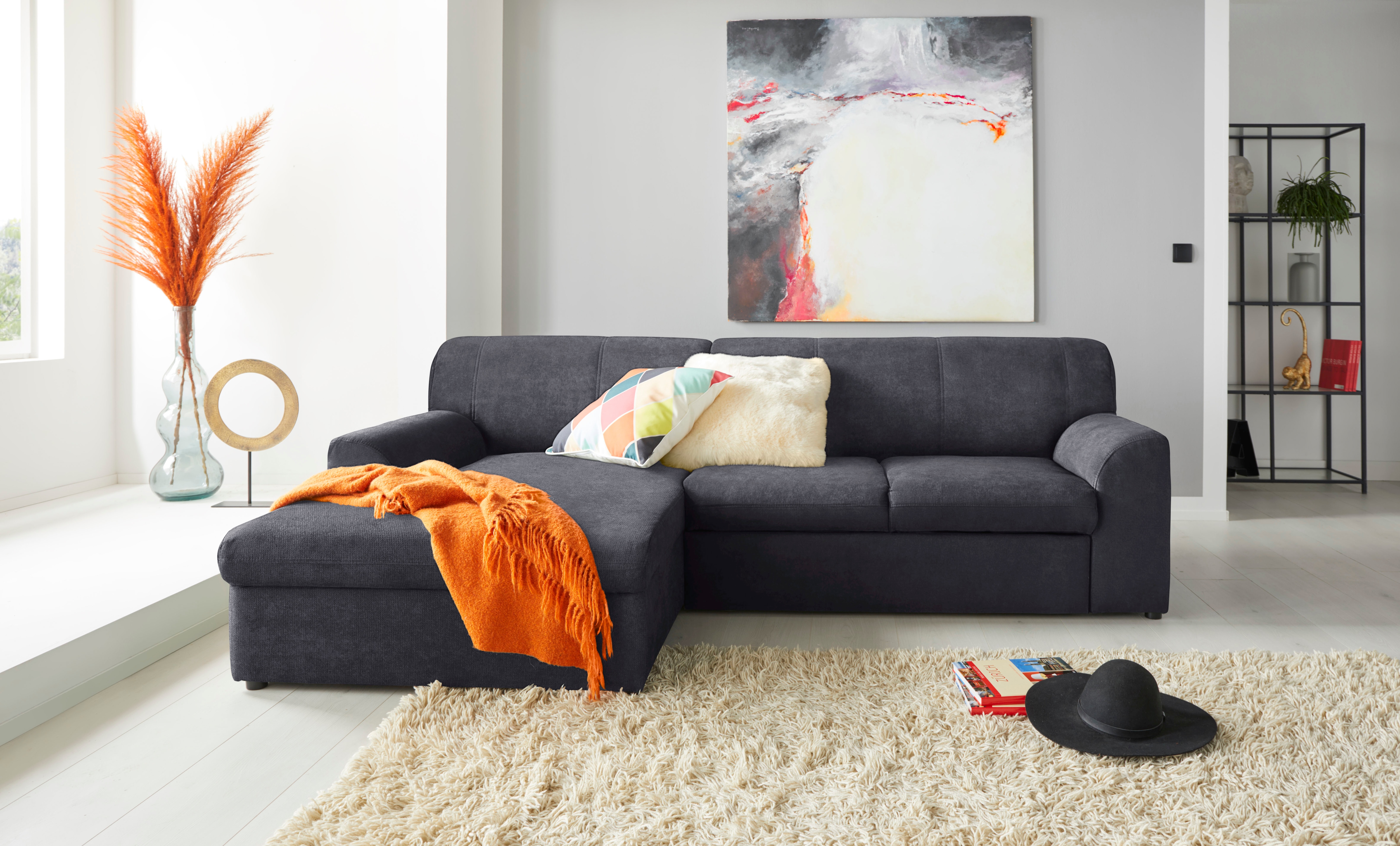DOMO collection 1100000002199 "Topper, elegant und zeitlos, kompaktes Stellmaß 245/155cm, L-Form" mit Recamiere, wahlweise mit Schlaffunktion
