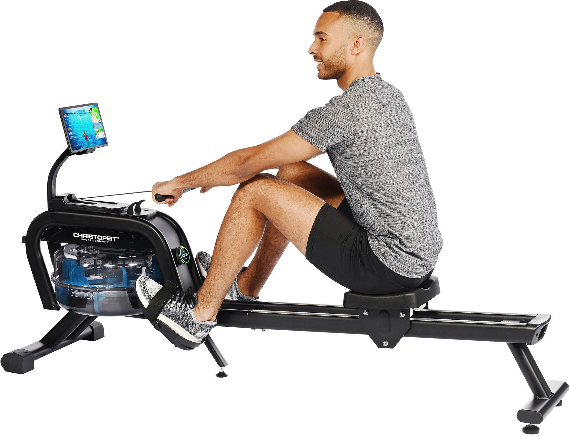 Christopeit Sport® Rudergerät »Wasserrudergerat WP 2000«, (Kinomap-App kompatibel, 3 in 1 Hybrid-Widerstandssystem), Rudermaschine, 16 Widerstandsstufen