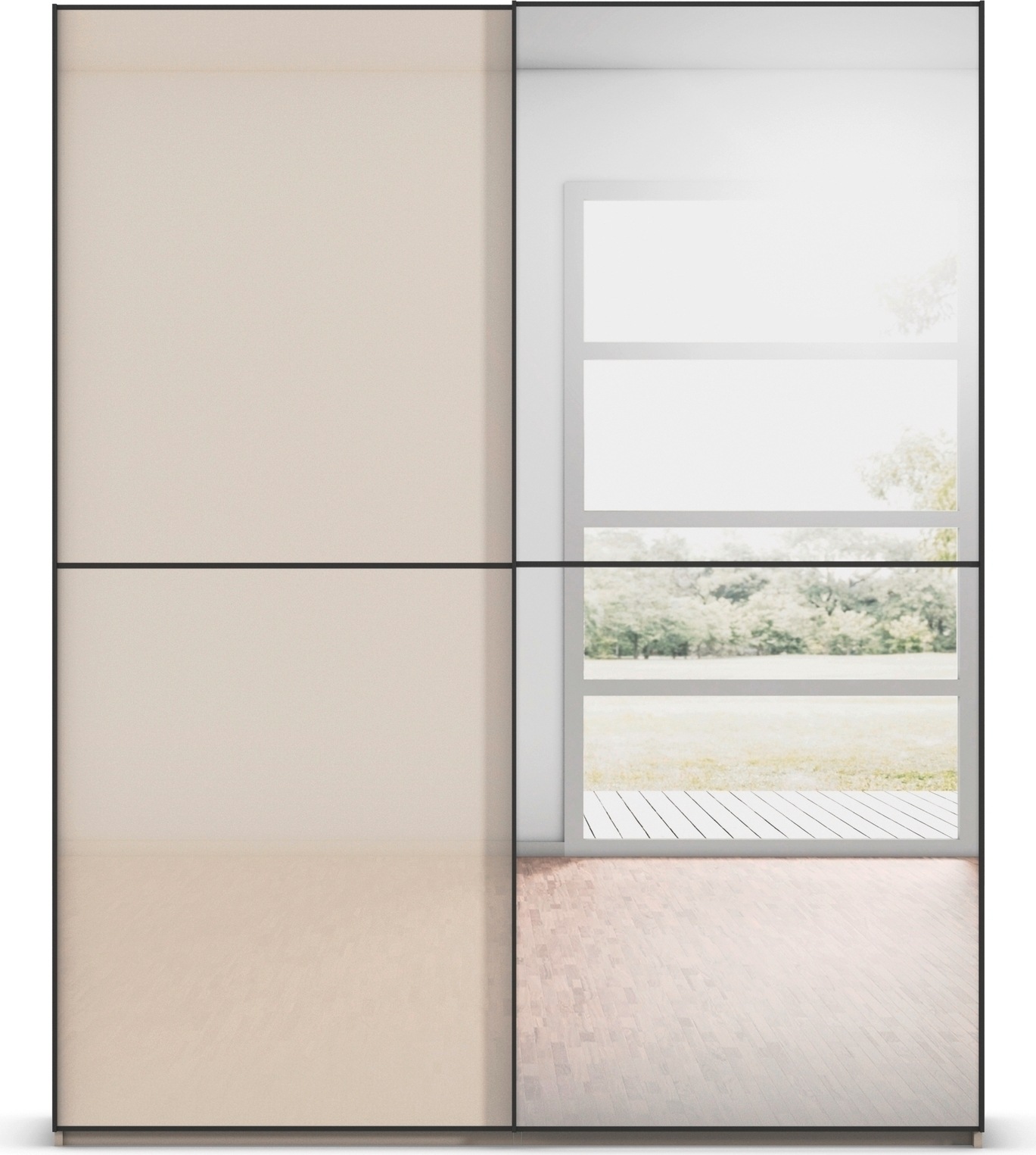 rauch Schwebetürenschrank »Kleiderschrank Schrank Garderobe Schlafzimmerschrank SCALE-DUO«, edle zweigeteilte Türen Spiegel/Glas-Mix 3 Zierleisten MADE IN GERMANY