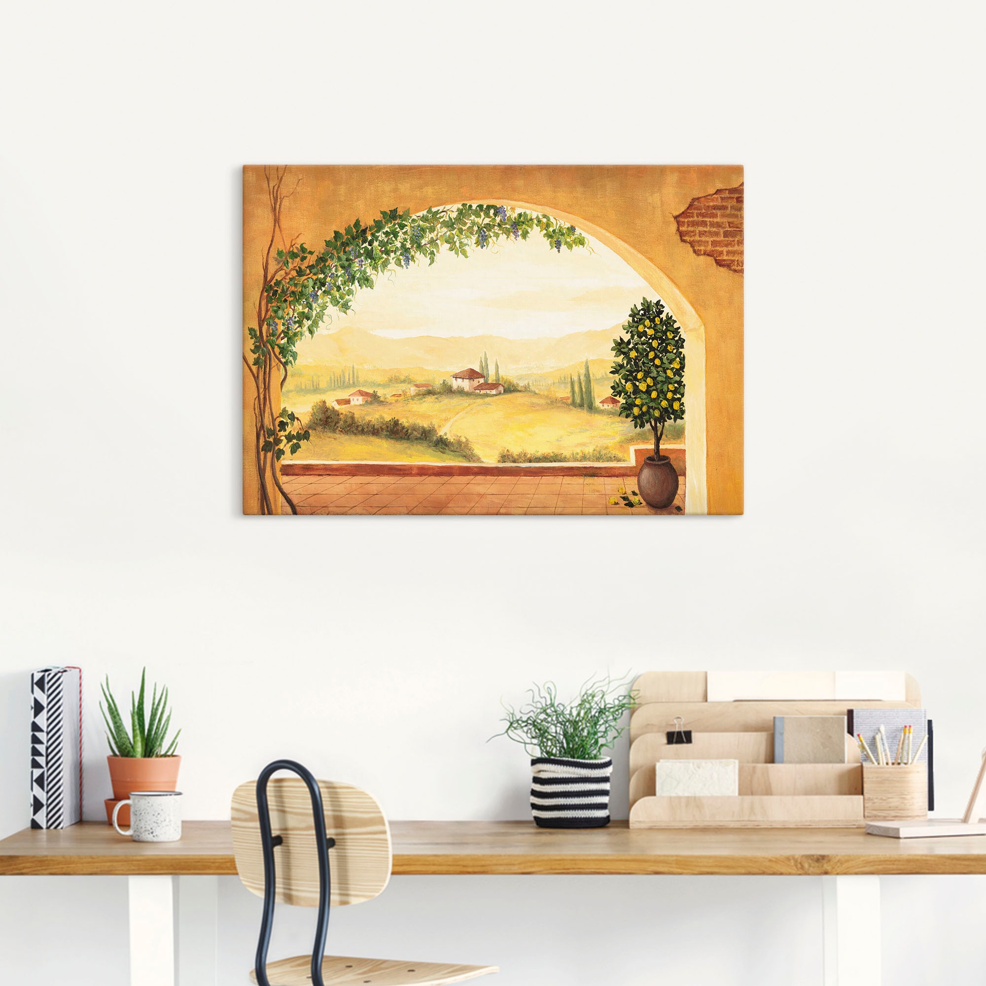 Artland Leinwandbild "Weinranken vor der Toskanalandschaft" Fensterblick 1 günstig online kaufen