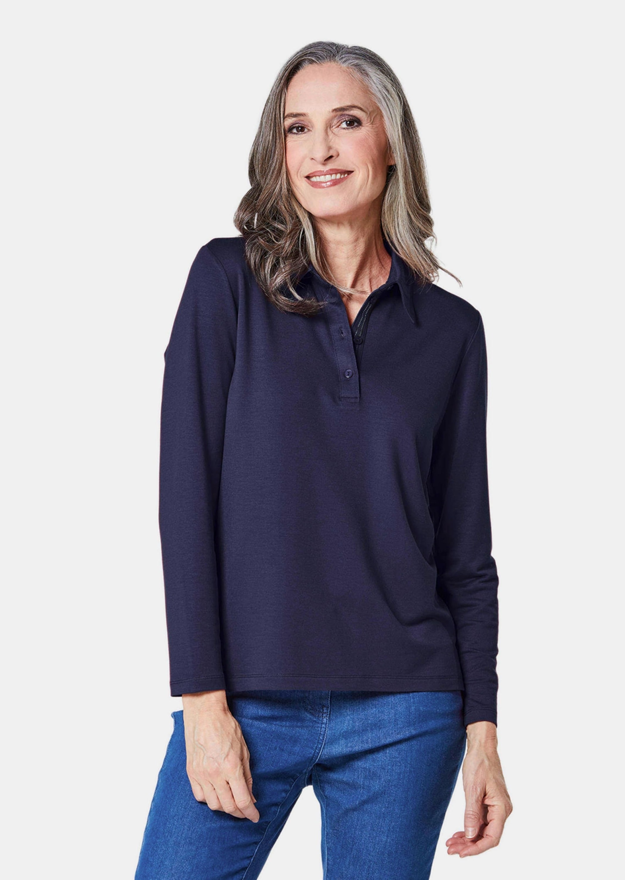GOLDNER Poloshirt »Poloshirt Langarm Poloshirt mit Schmuckband an Knopfleiste«