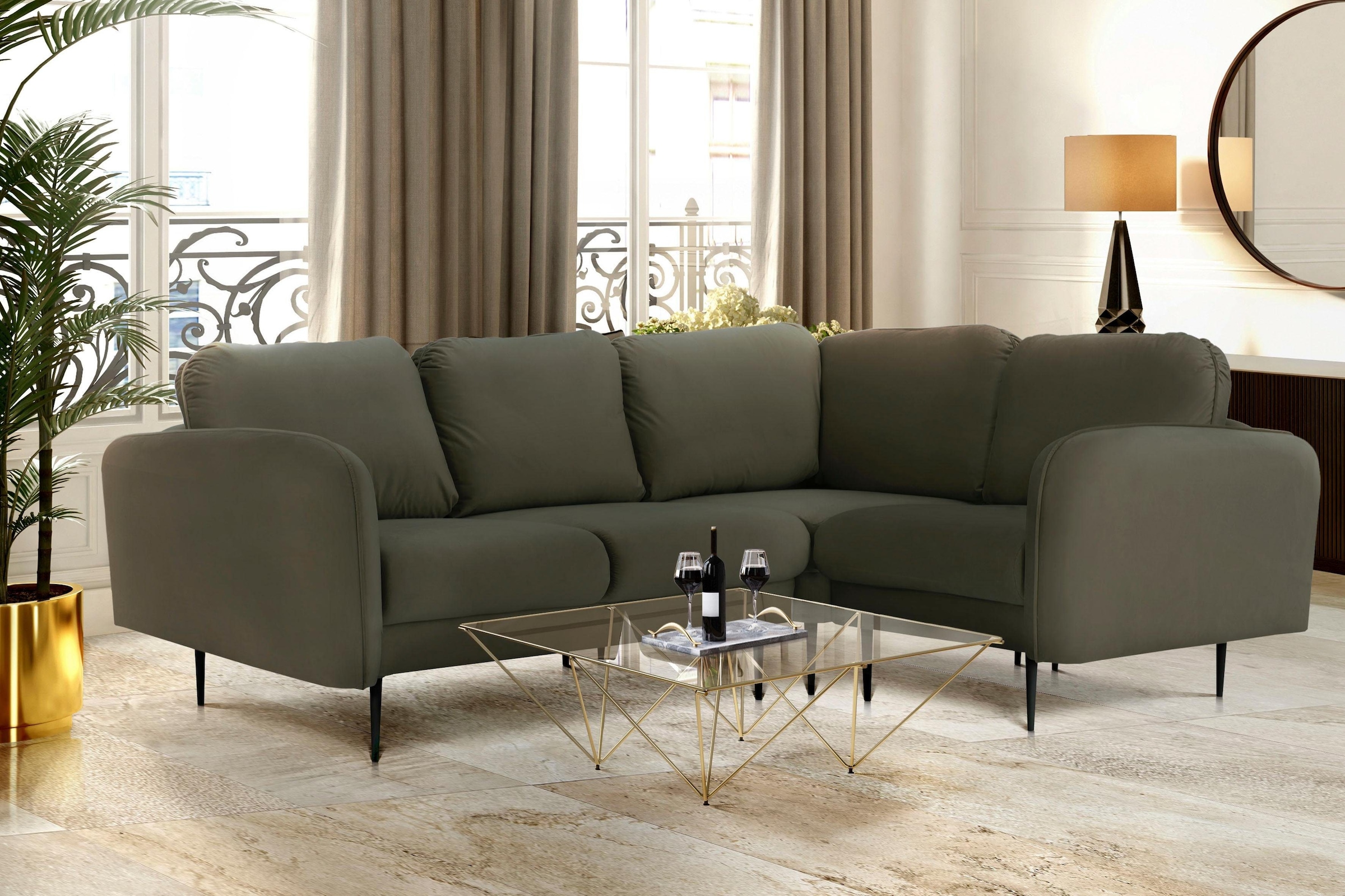 Leonique Ecksofa "Samtoptik" mit losen Rückenkissen und Keder oben auf der günstig online kaufen