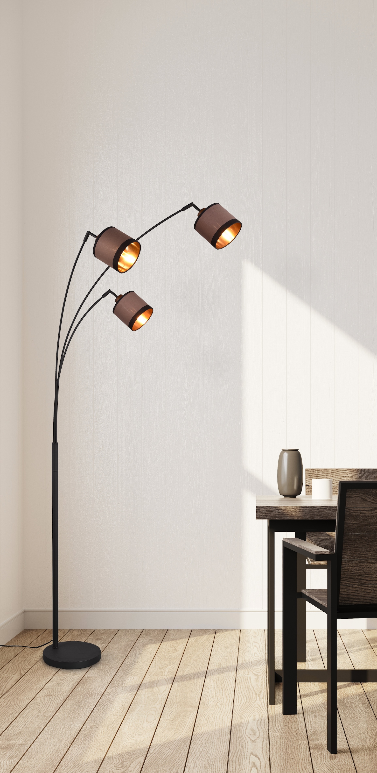 REALITY Leuchten Stehlampe »DAVOS, Stehleuchte 3-flammig exkl 3xE14 max 28W Fußschalter 185cm hoch«, 3 flammig, Leuchtmittel E14 | Leuchtmittel wechselbar, Stehlampe Metall mit 2-farbigen Stoffschirmen Bogenlampe Bogenleuchte