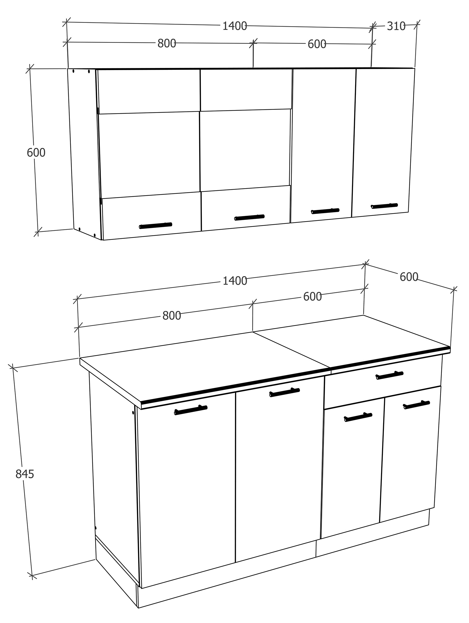 VCM Küchenzeile »Esilo«, 4-tlg Singleküche | Maße H. 145 x B. 140 x. T. 60 cm, ohne E-Geräte