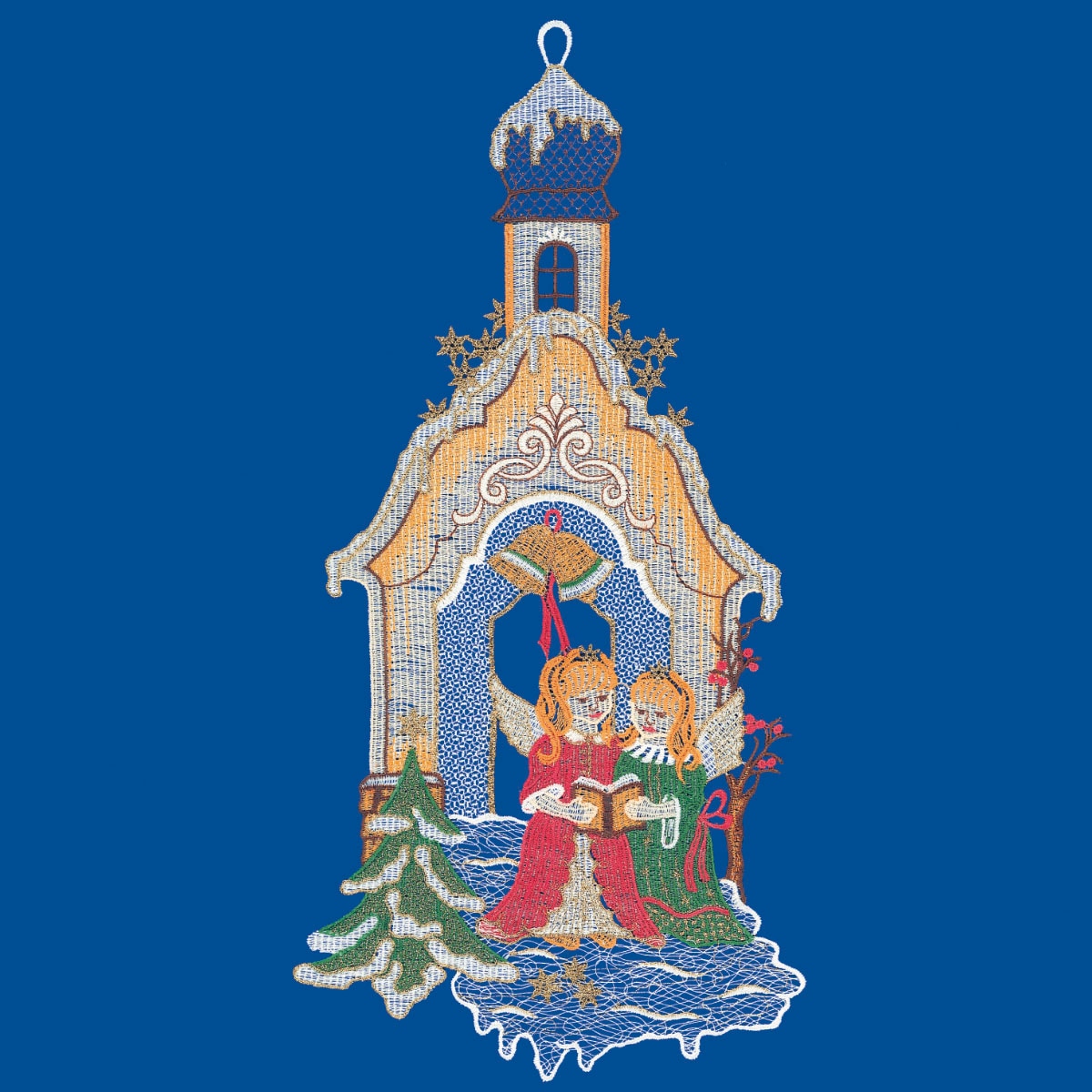 W. Reuter & Sohn - Plauener Spitze® Fensterbild »Kapelle mit Engeln«, Made in Germany