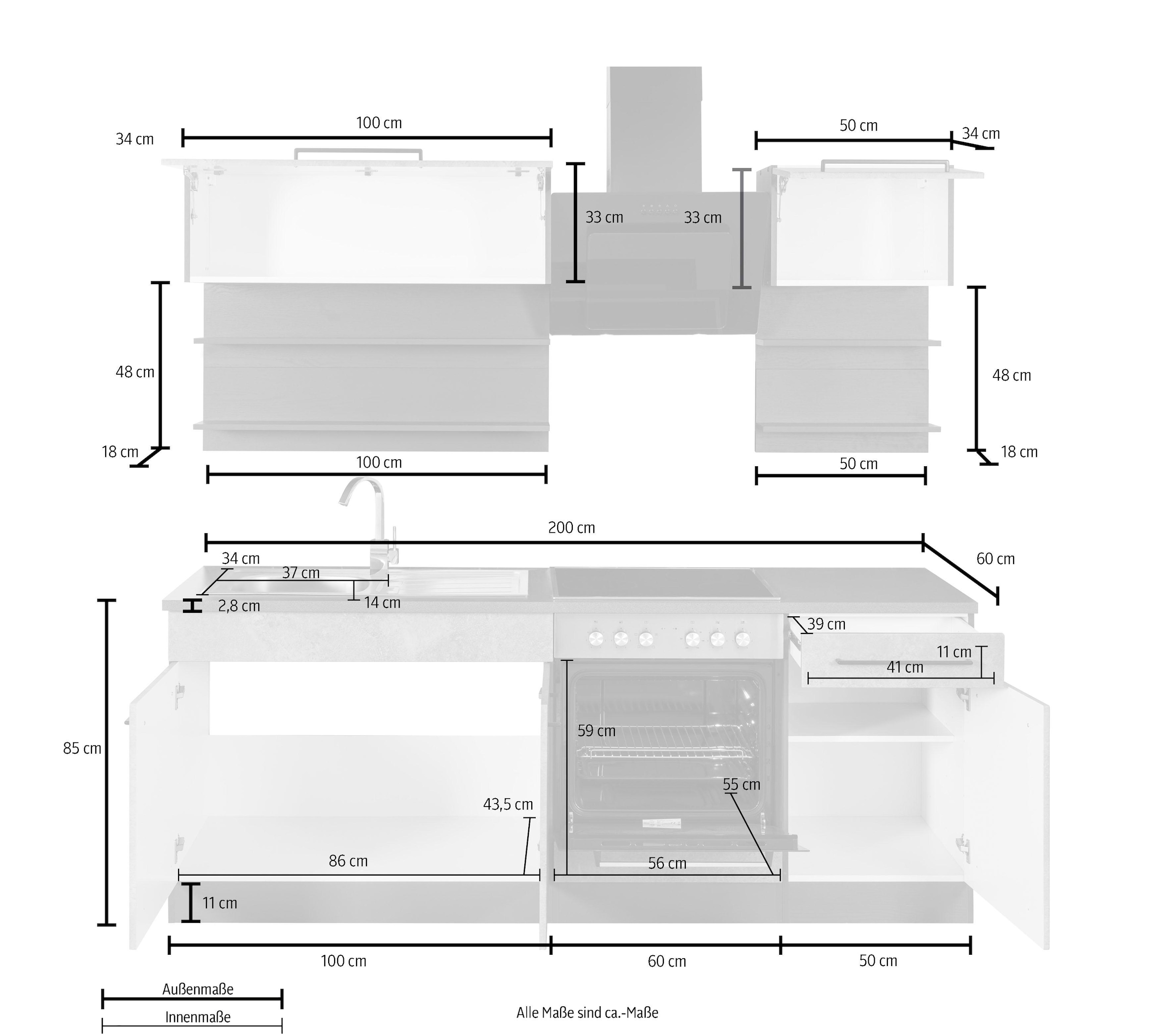 HELD MÖBEL Küchenzeile »Tulsa«, mit E-Geräten, Breite 210 cm, schwarze Metallgriffe, MDF Fronten