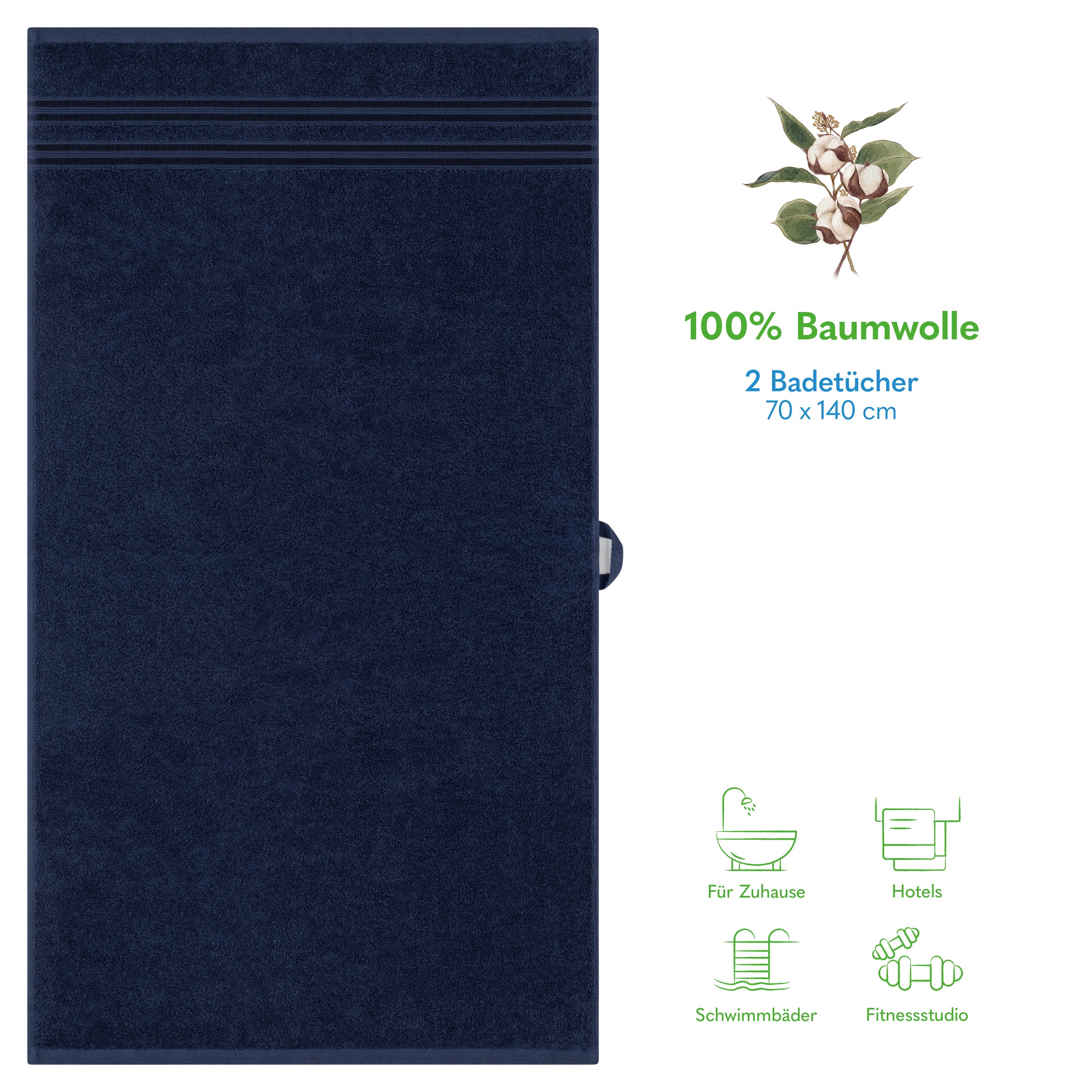HAMMETEX Duschtuch »2er Set Badetücher 70x140 cm, 100% Baumwolle, Weich & Saugstark«, (Set, 2 St., 2), mit Bordüre, einfarbig, weich