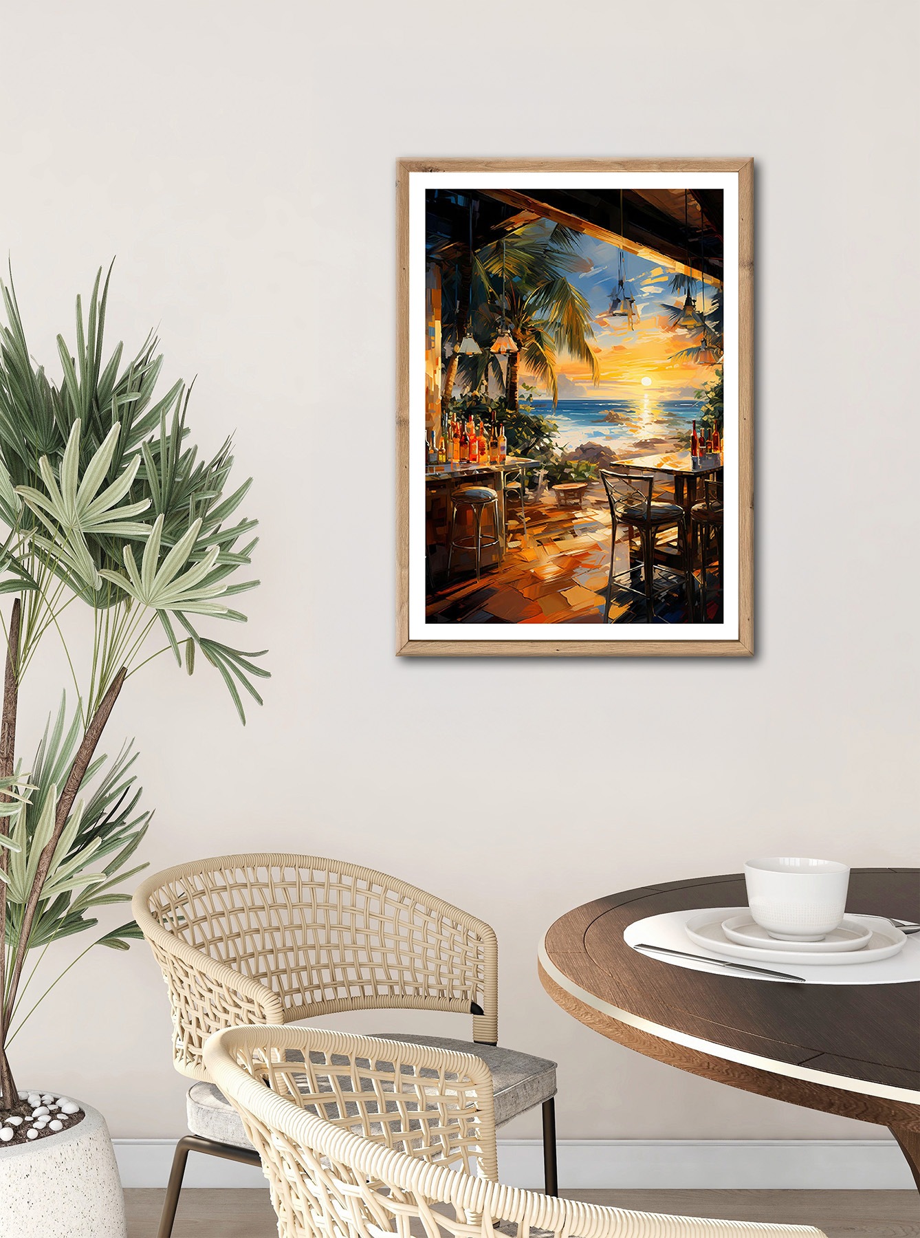 Bönninghoff Bild mit Rahmen »Wandbild gerahmt STRANDBAR 50x70 cm – Sommerliches Küstenmotiv mit« Abstrakt | Abstrakte | Bar & Lounges | Cocktail | Getränke | Palmen | Sonnenuntergang | Strand | Strandbilder 1 Stk. tlg. mit dekorativem Rahmen