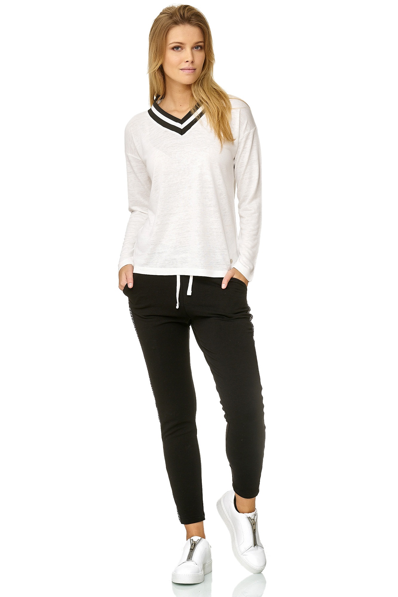 Decay Langarmshirt, mit gestreifter Ausschnittblende