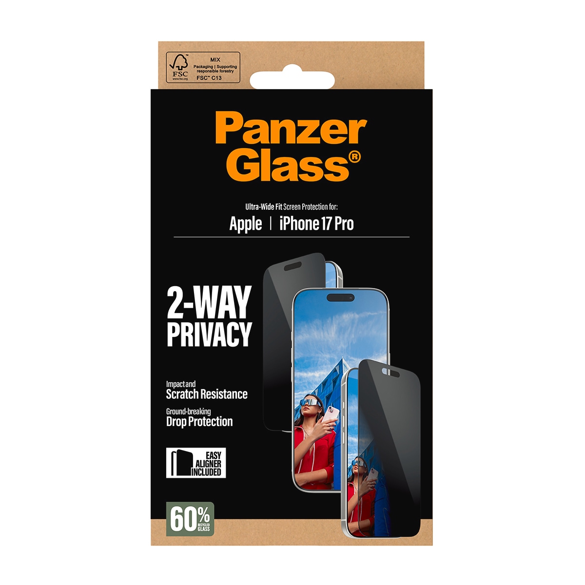 CARE by PanzerGlass Displayschutzglas »2-Way Privacy Ultra-Wide Fit Screen Protector«, für Apple iPhone 17 Pro, Displayschutzfolie, Schutzfolie, Bildschirmschutz, kratz- & stoßfest