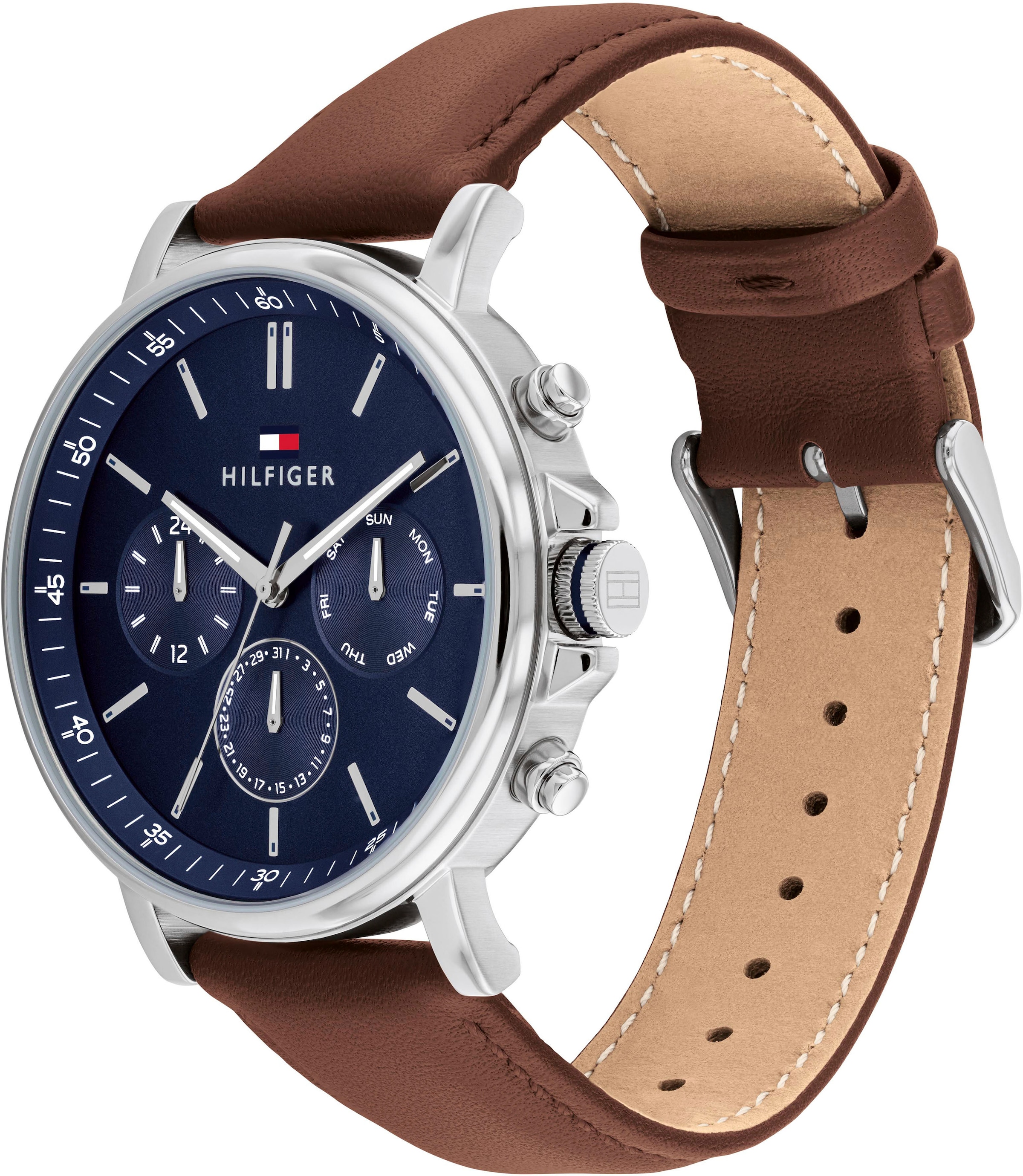 Tommy Hilfiger Multifunktionsuhr »TYSON«, Quarzuhr, Armbanduhr, Herrenuhr, Datum, Lederarmband
